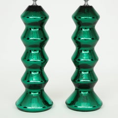Rare Pair of Italian Emerald Green Mirrored Murano Glass Lamps