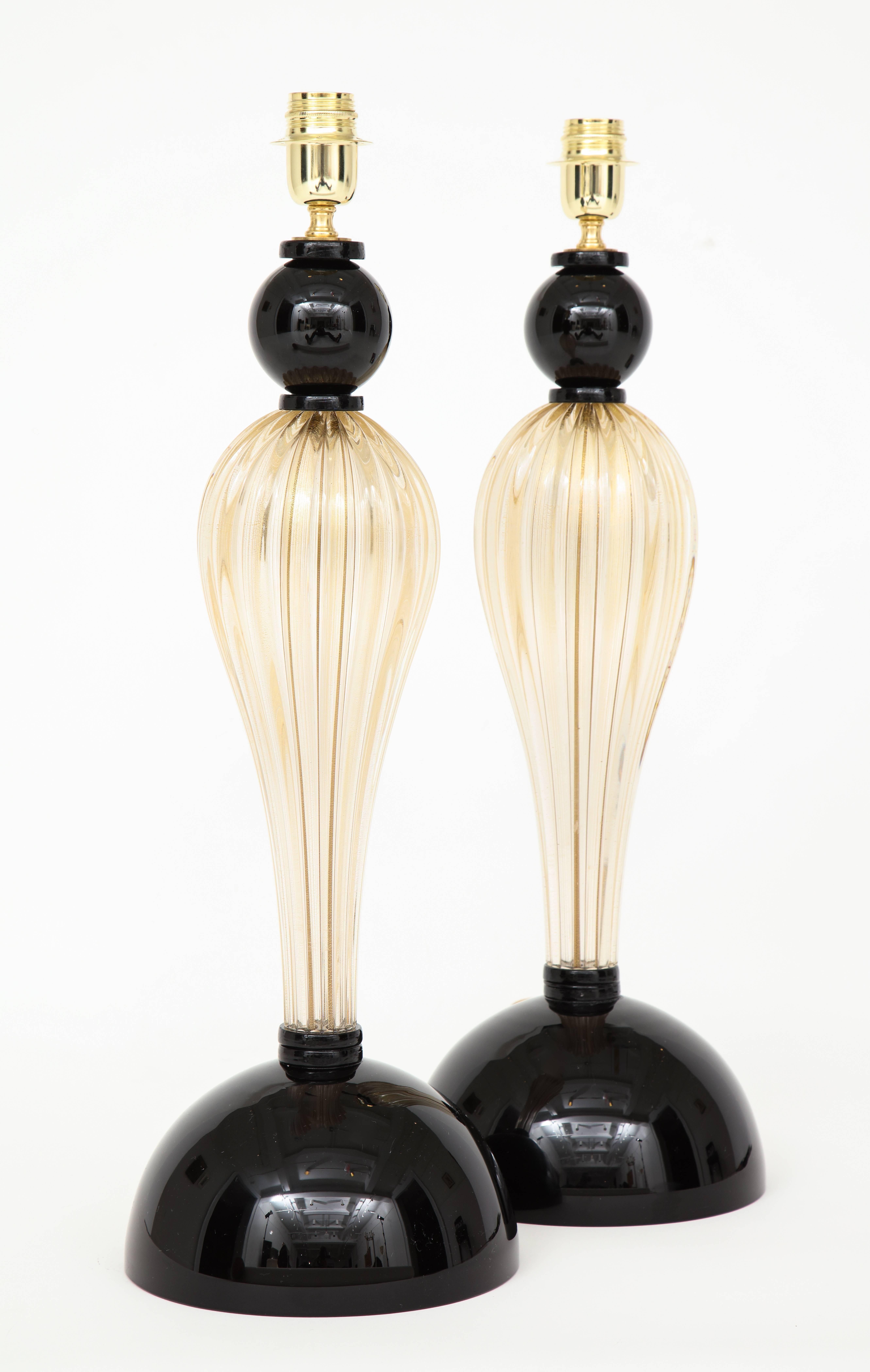 Hand-Crafted Pair of Tall Gold and Black Murano Glass Lamps, Signed, Italy