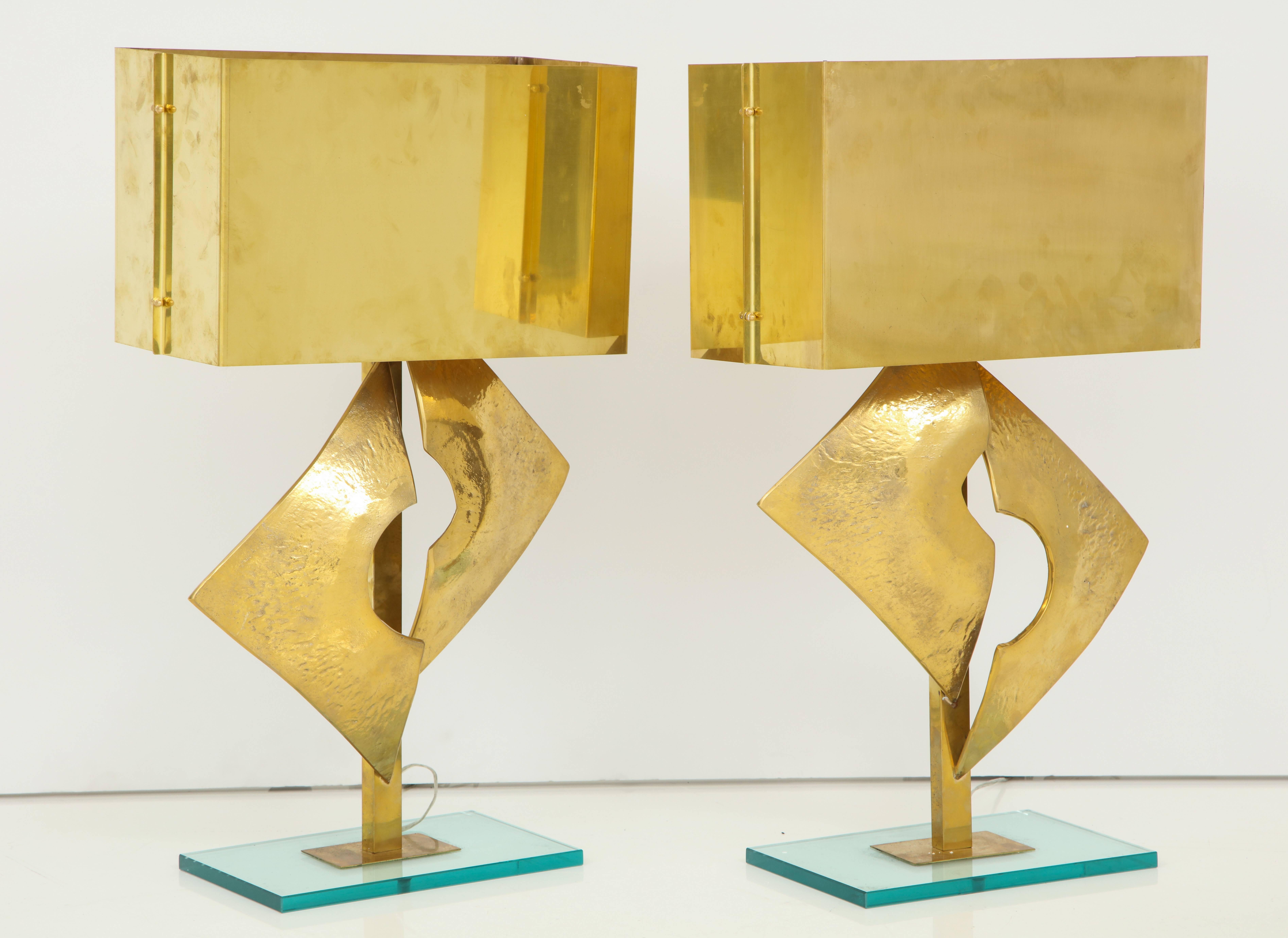 Hand-Crafted Pair of Large All Brass Sculptural Lamps with Brass Lampshades, Italy