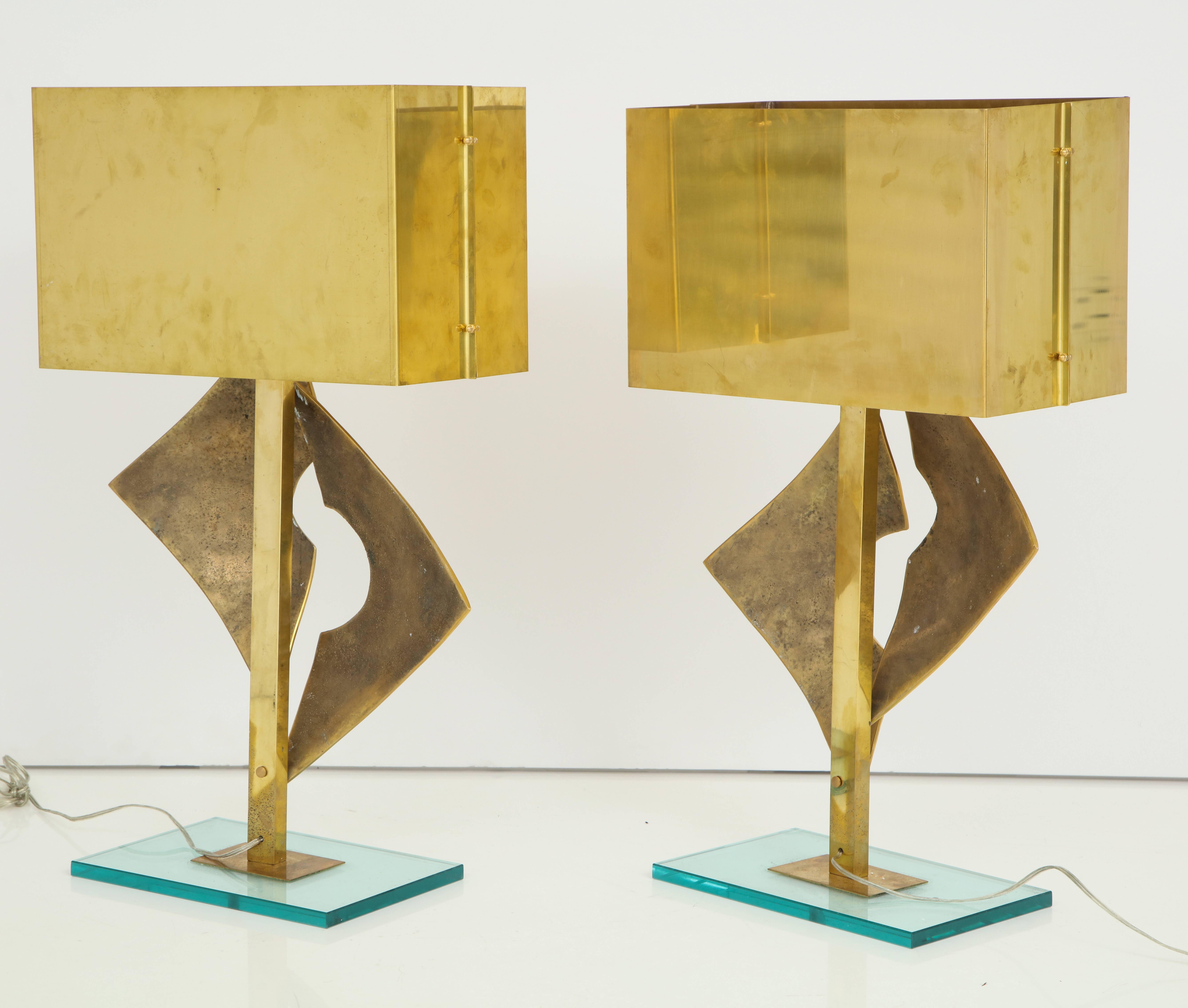 Pair of Large All Brass Sculptural Lamps with Brass Lampshades, Italy 2