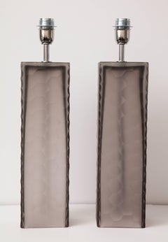 Pair of Taupe Grey Murano Glass Textured Rectangular Block Lamps, Signed, Italy