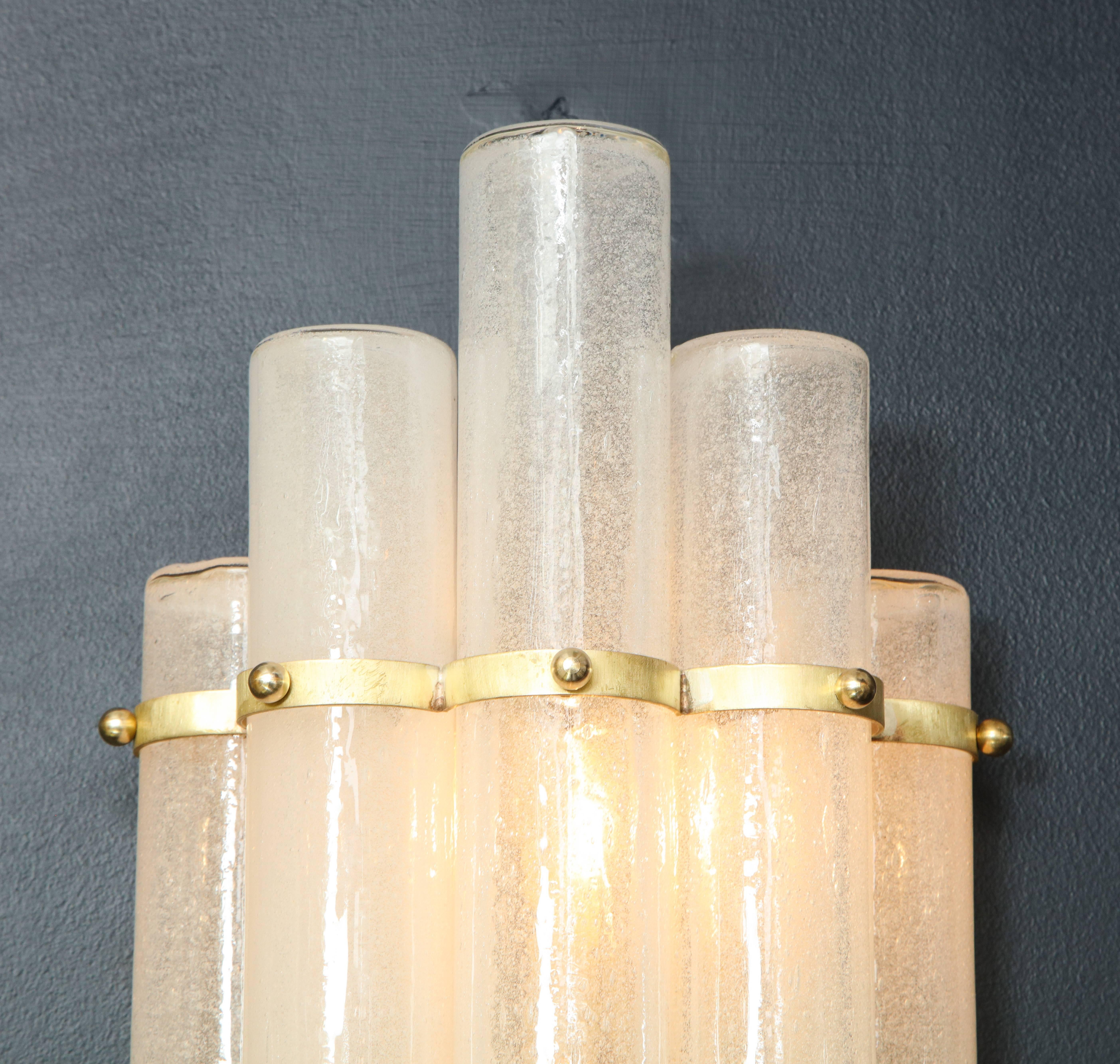 Art Deco Pair of White Murano Glass Tubes and Brass Sconces, Italy