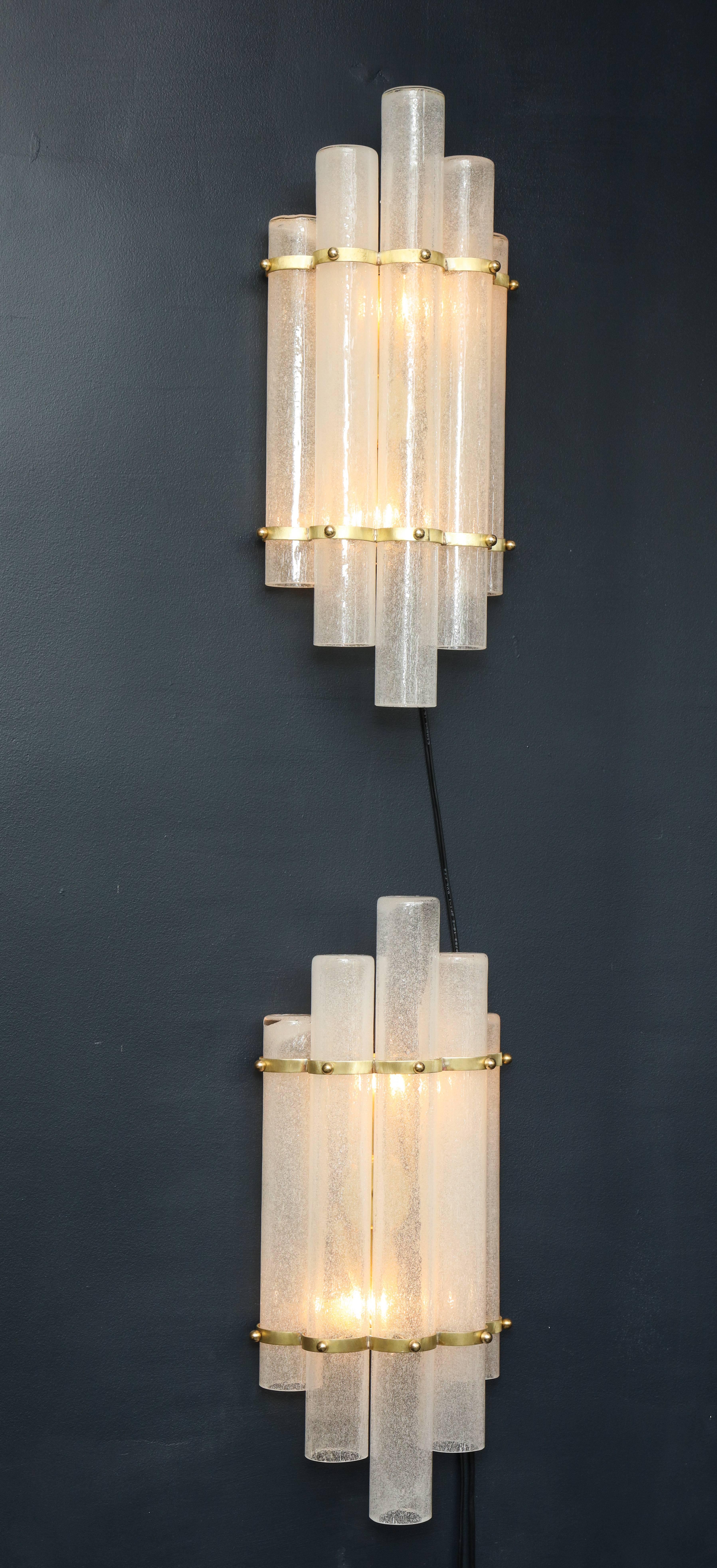 Italian Pair of White Murano Glass Tubes and Brass Sconces, Italy