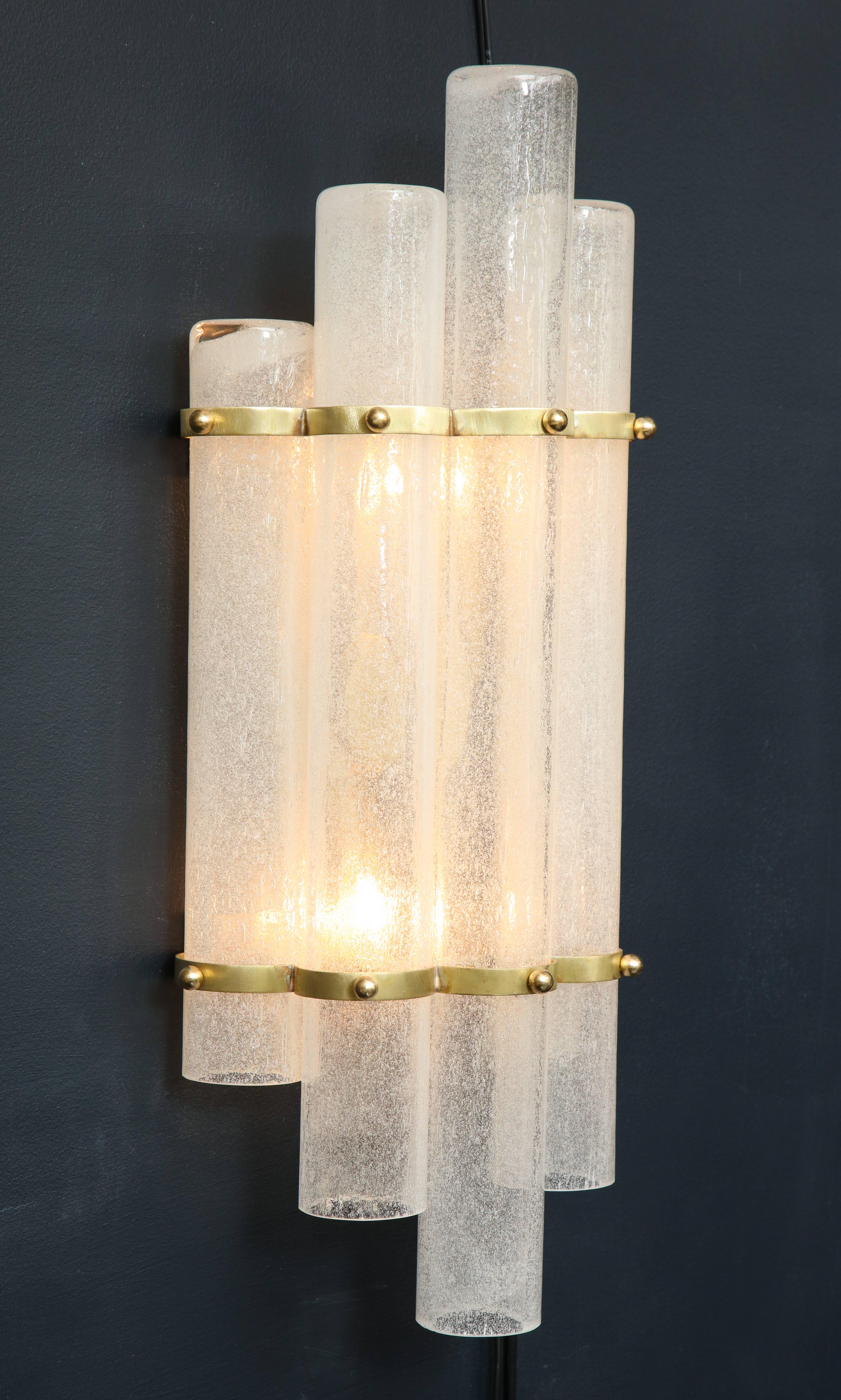 Hand-Crafted Pair of White Murano Glass Tubes and Brass Sconces, Italy