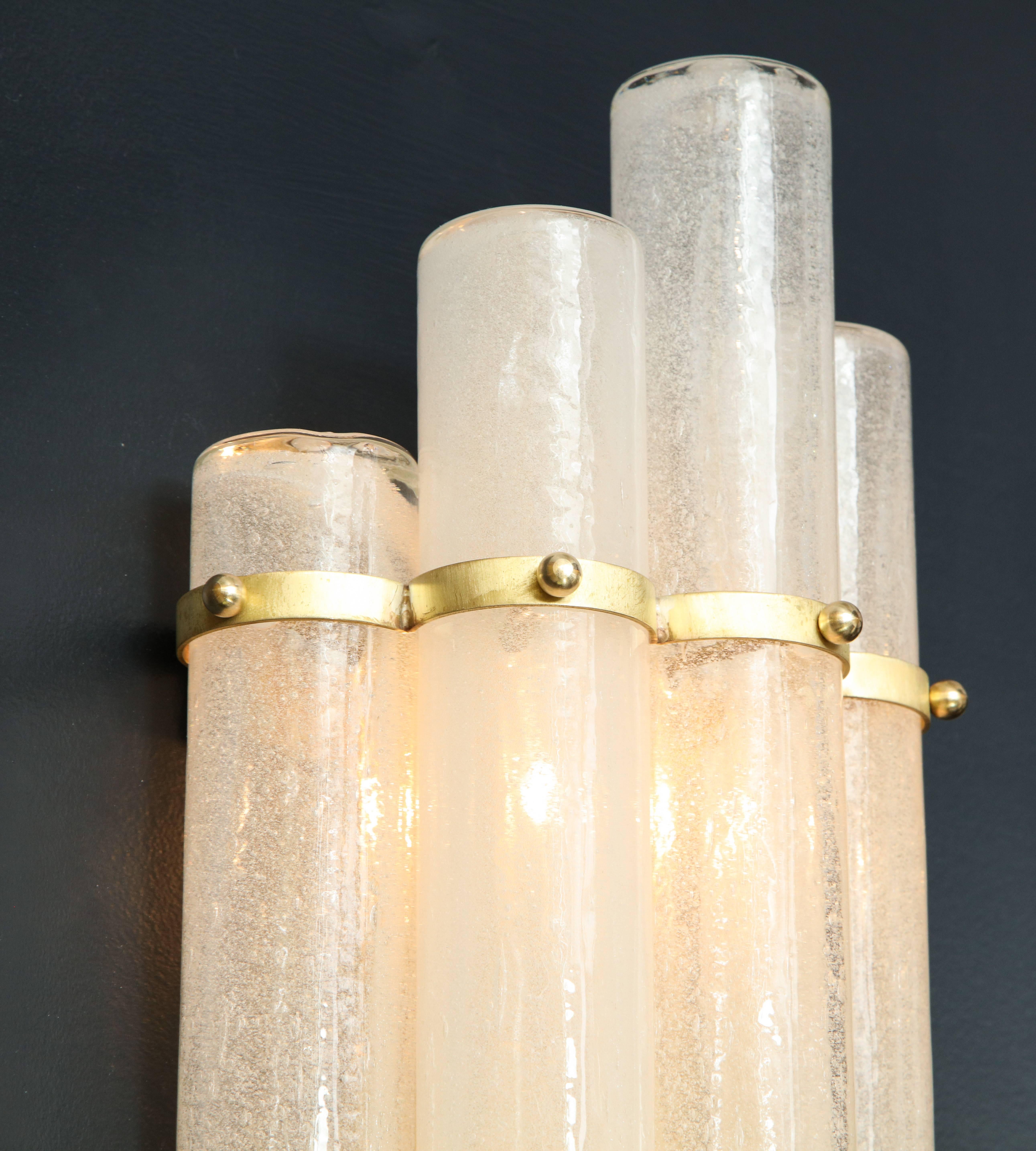 Pair of White Murano Glass Tubes and Brass Sconces, Italy In Excellent Condition In New York, NY