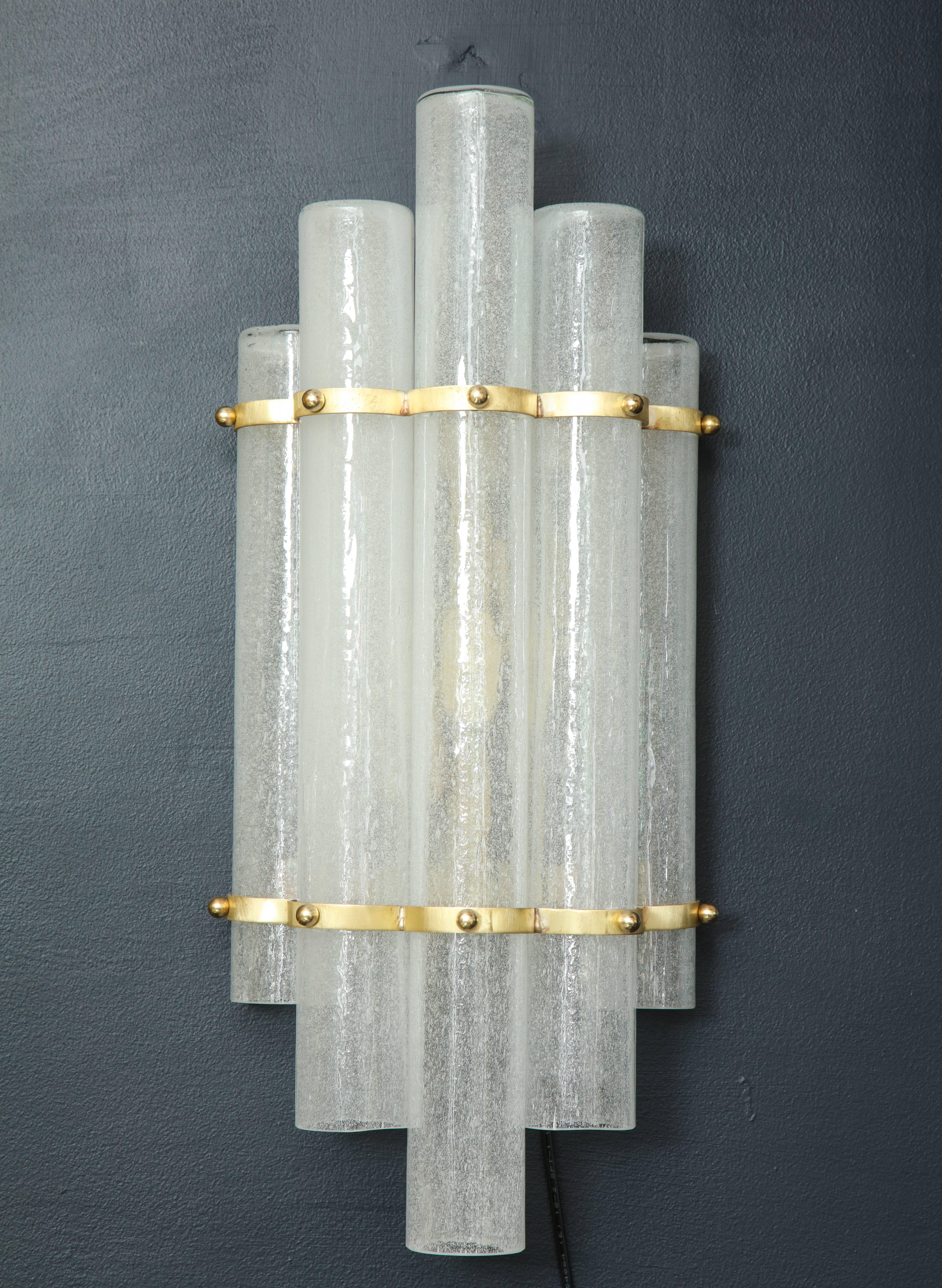 20th Century Pair of White Murano Glass Tubes and Brass Sconces, Italy