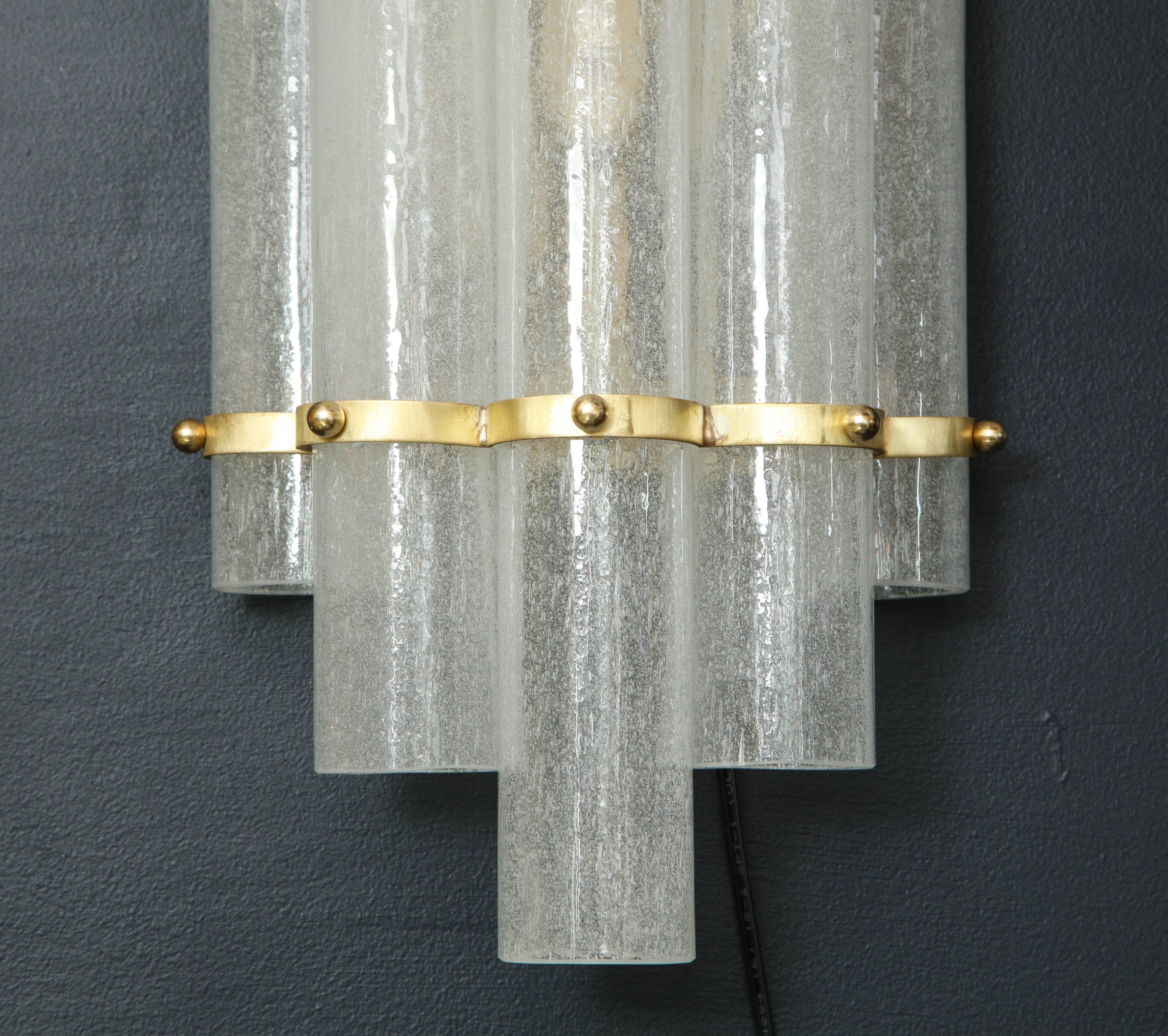 Pair of White Murano Glass Tubes and Brass Sconces, Italy 1