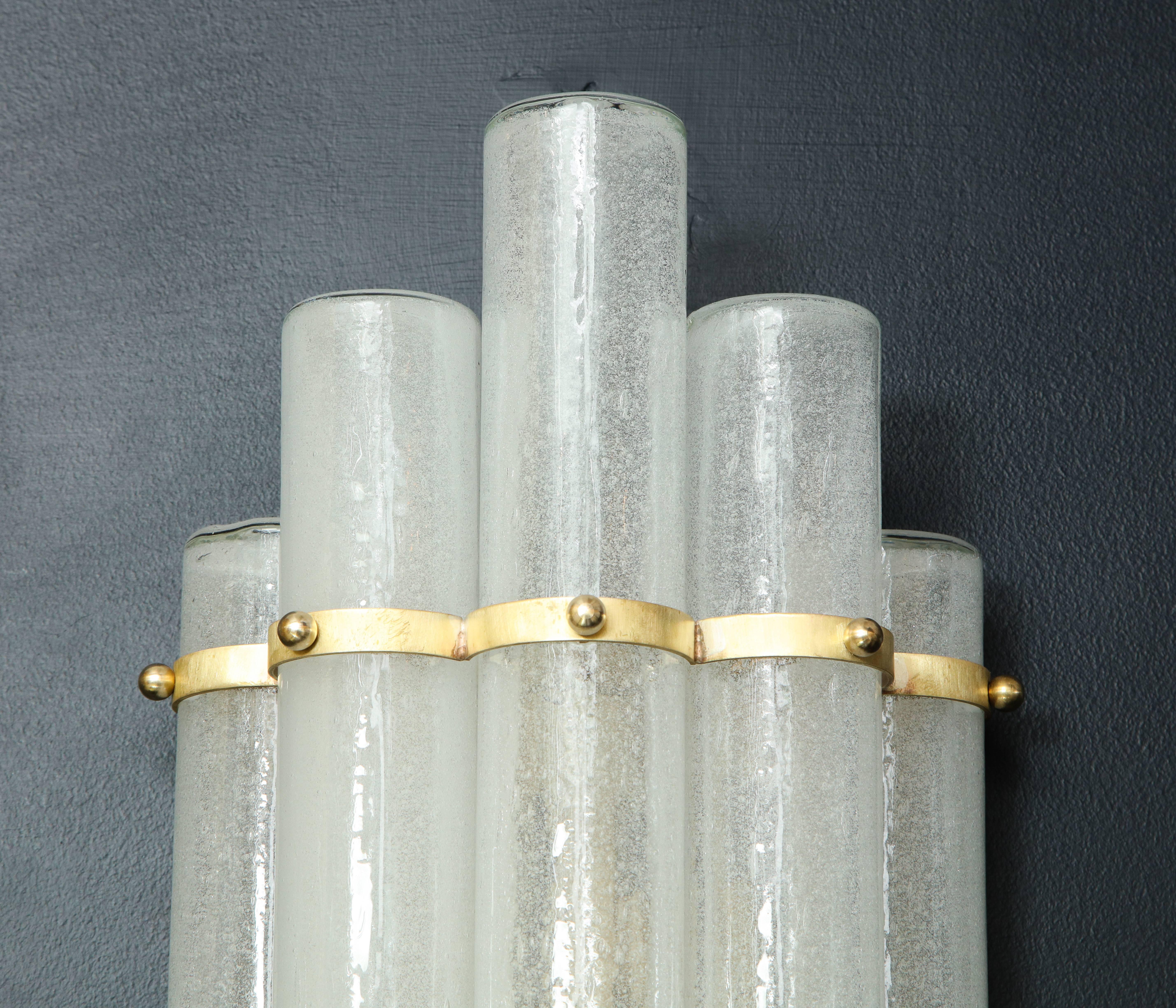Pair of White Murano Glass Tubes and Brass Sconces, Italy 2