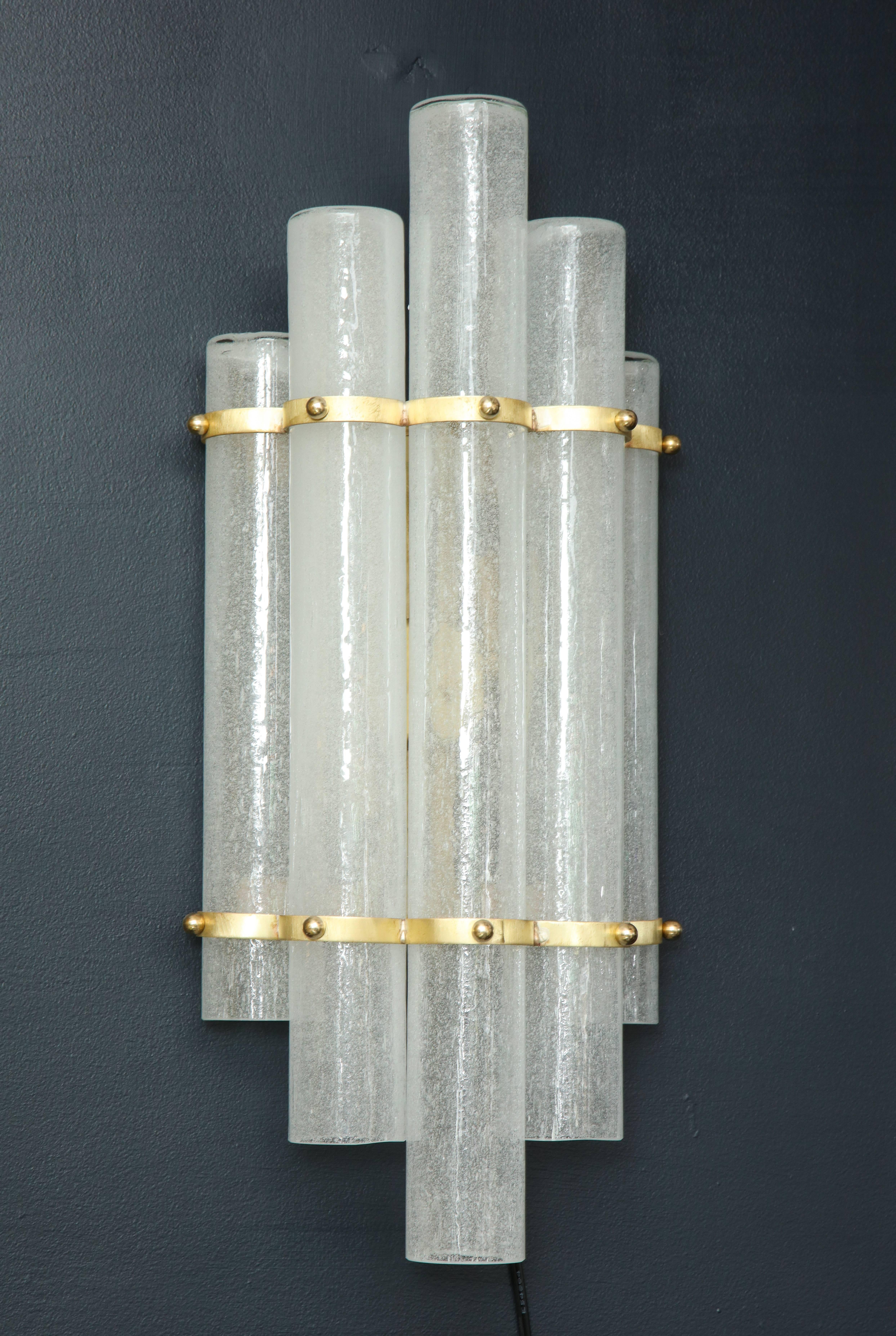 Pair of White Murano Glass Tubes and Brass Sconces, Italy 3