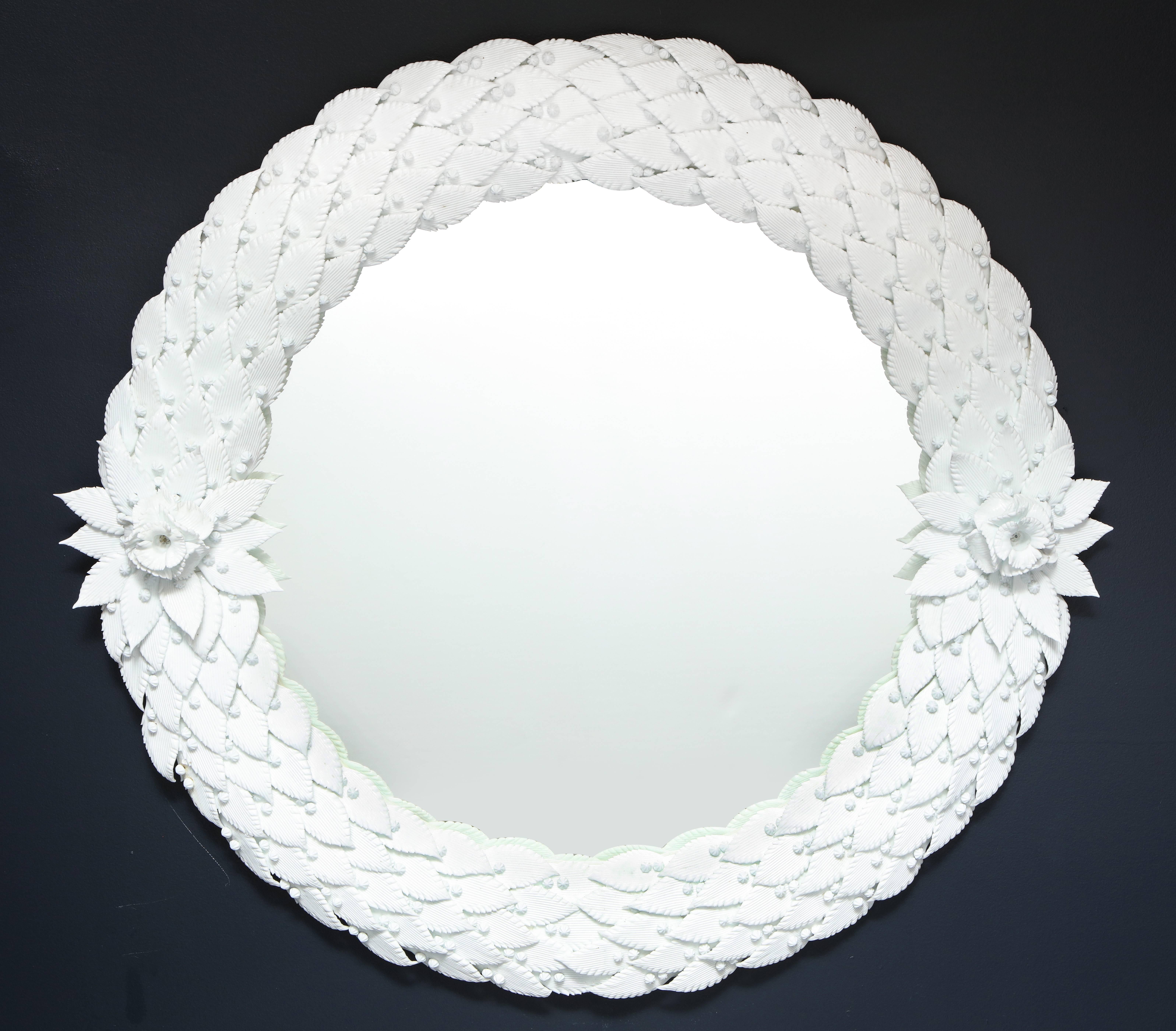 Hand-Carved Pair of White Murano Glass Leaf Round Mirrors, Italy, circa 1980