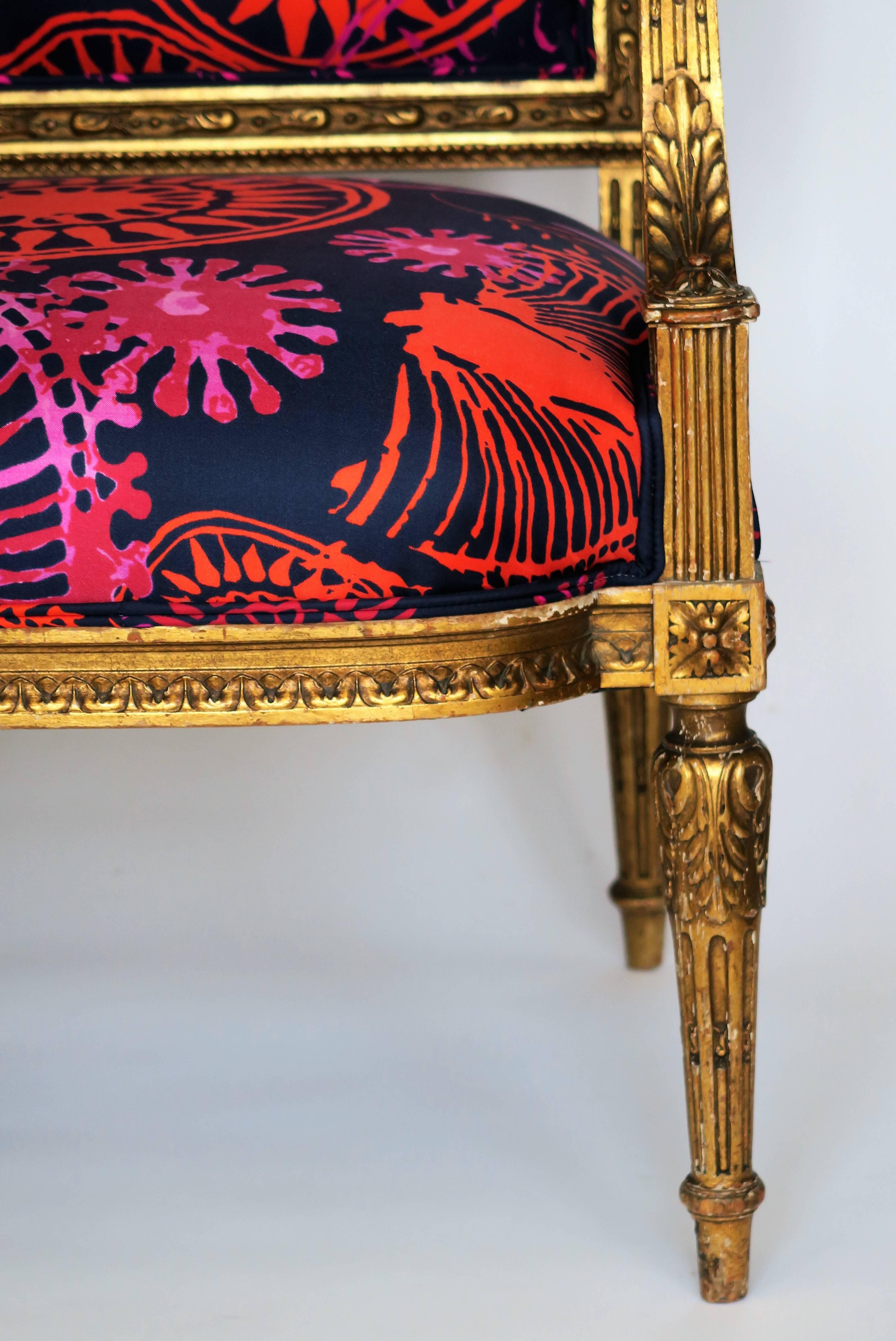 French Louis XVI Style Gilded Armchair in Hand-Painted Italian Silk Fabric