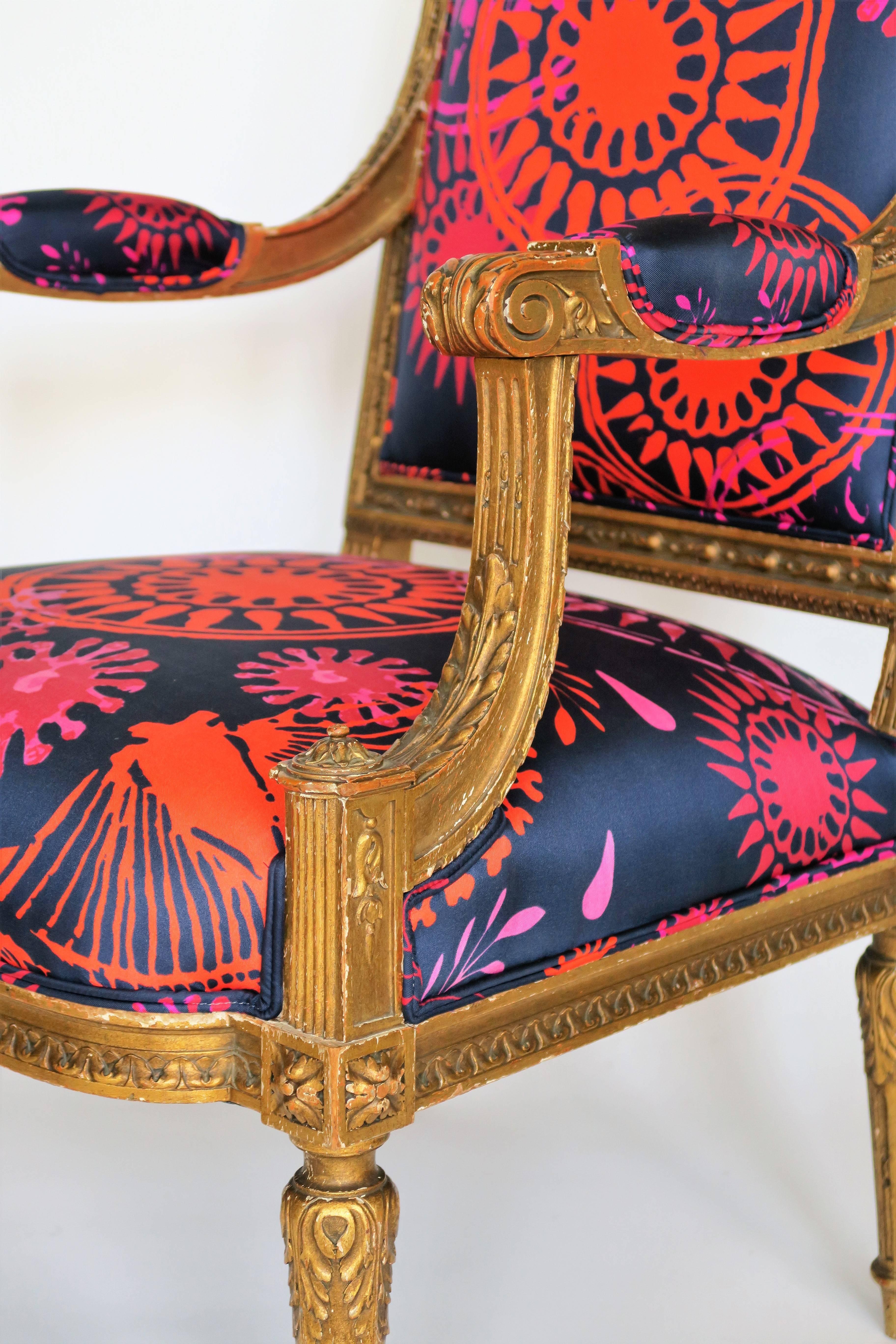 19th Century Louis XVI Style Gilded Armchair in Hand-Painted Italian Silk Fabric