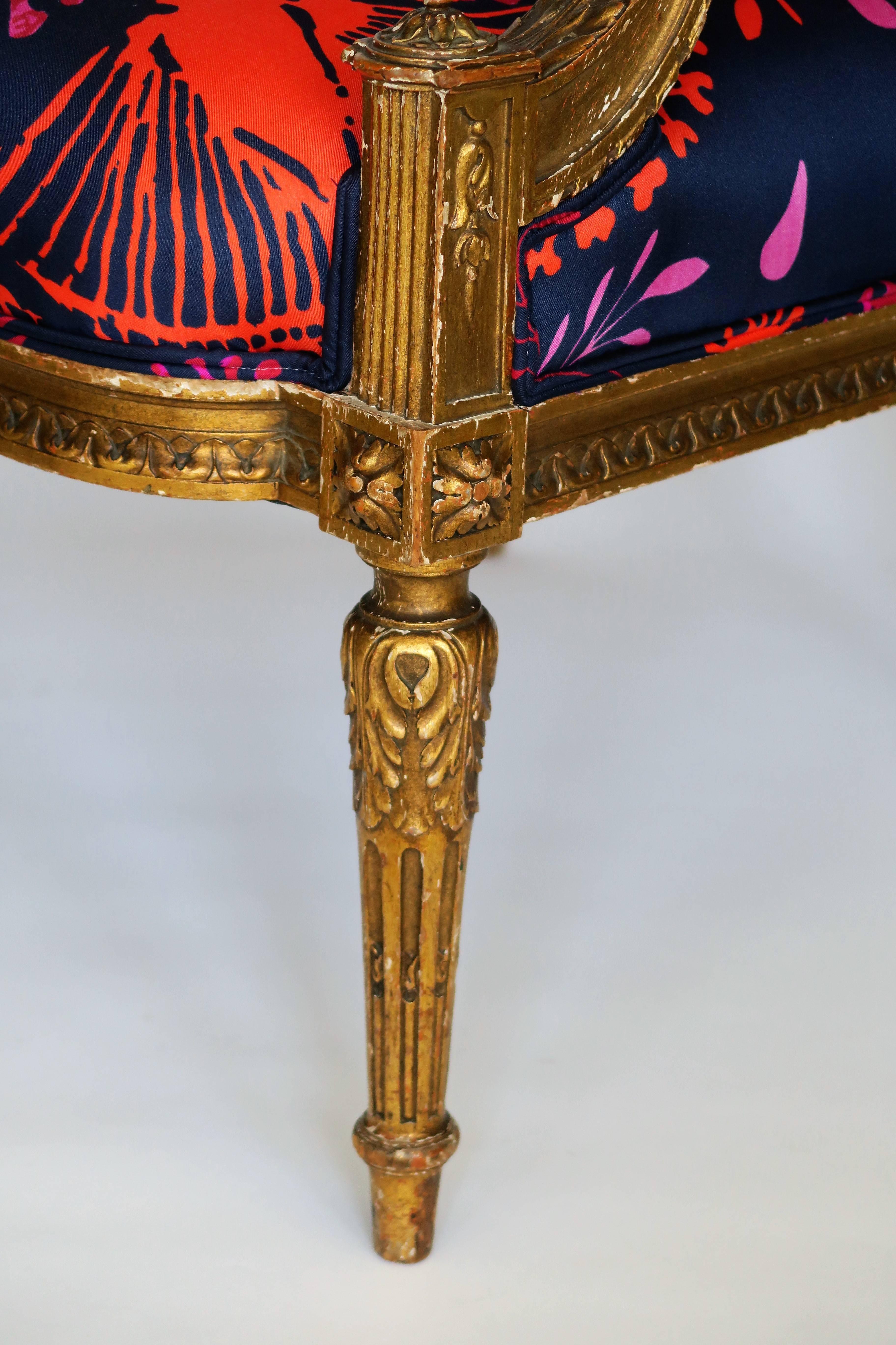 Giltwood Louis XVI Style Gilded Armchair in Hand-Painted Italian Silk Fabric