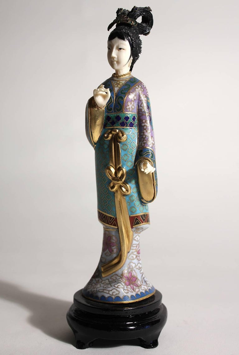 Antique Chinese Cloisonne Enameled Carved Guanyin Quan Yin Sculpture