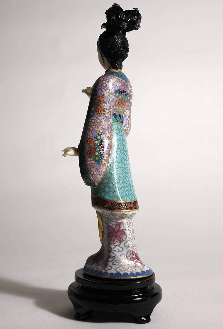 Antique Chinese Cloisonne Enameled Carved Guanyin Quan Yin Sculpture