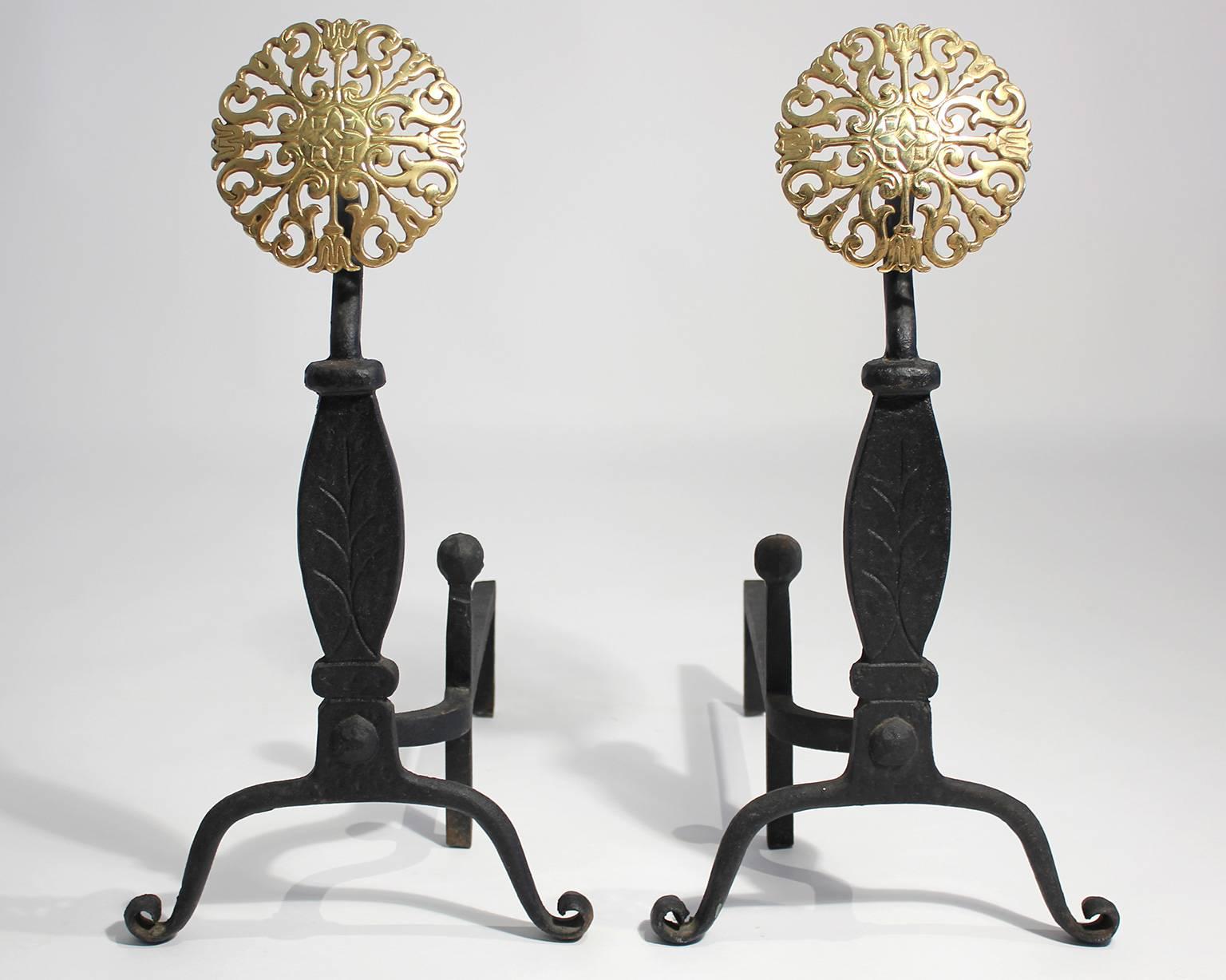 Pair of Virginia metal crafters decorative iron and brass medallion andirons. Excellent original condition.