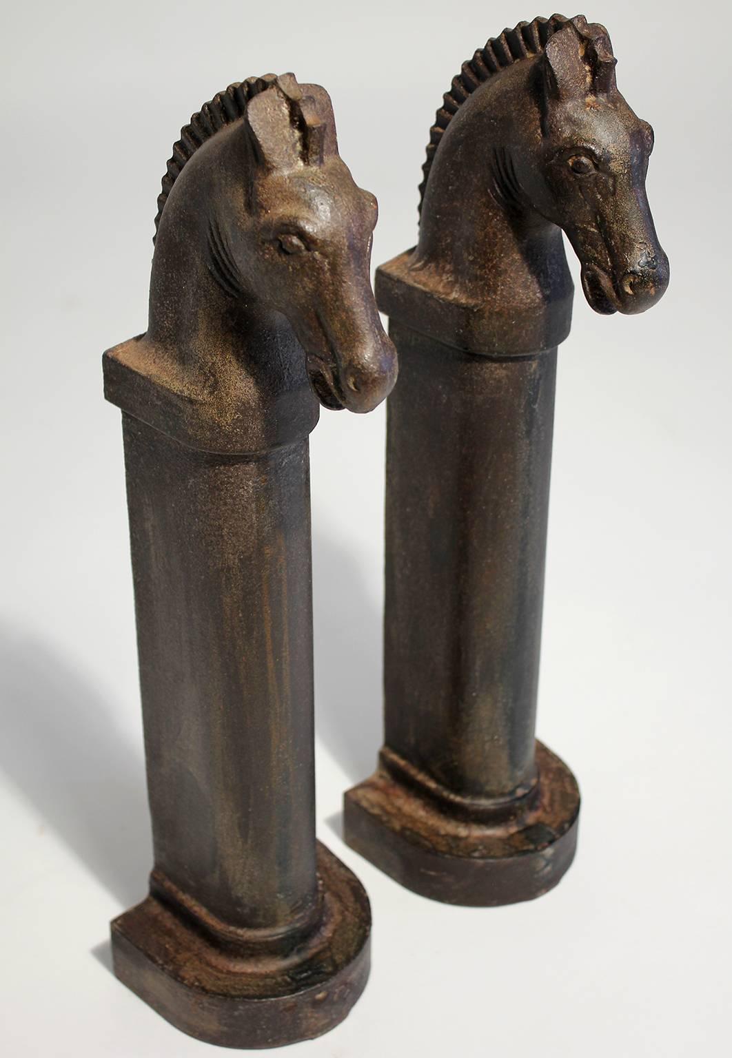 Art Deco Cast Iron Decorative Horse Andirons In Excellent Condition In San Diego, CA