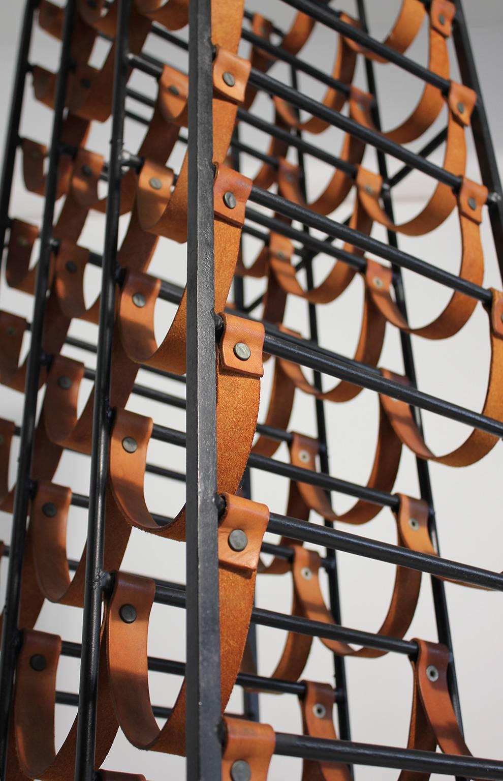 American Arthur Umanoff Modernist Iron and Leather Wine Rack