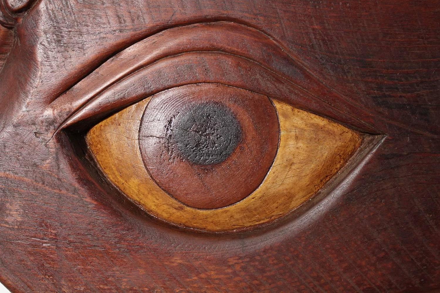 Folk Art Carved and Painted Wood Eye Sculptural Relief For Sale at 1stdibs