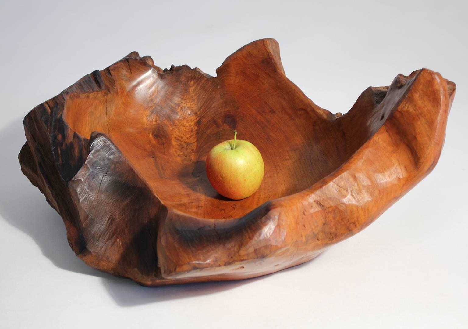 Exceptionally crafted and very large sculptural Brutalist free-form burl wood centerpiece bowl.