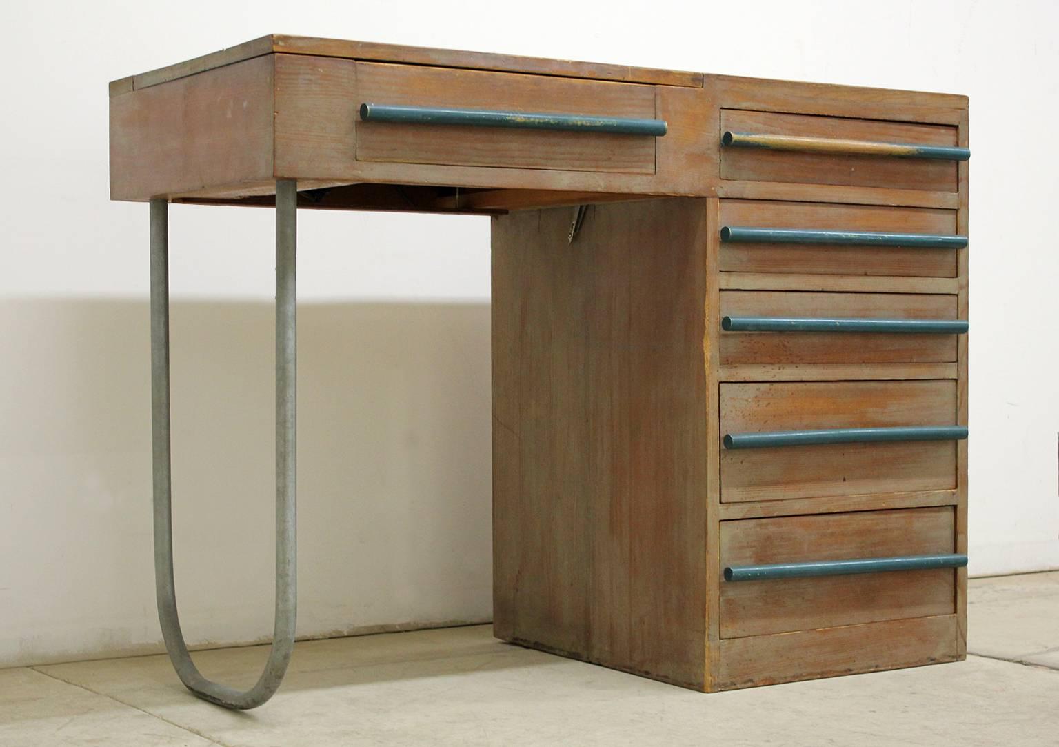 One of a kind handmade 1940s modernist desk of solid redwood construction with lighted vanity mirror. Purposefully left in all-original condition with overall wear as pictured. Additional images on request.