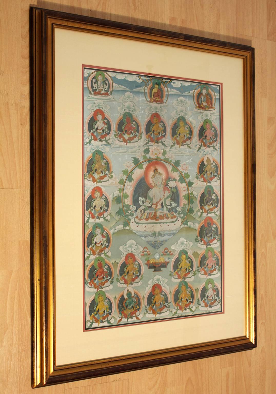 Antique Thangka Painting with Seated Tara In Excellent Condition In San Diego, CA