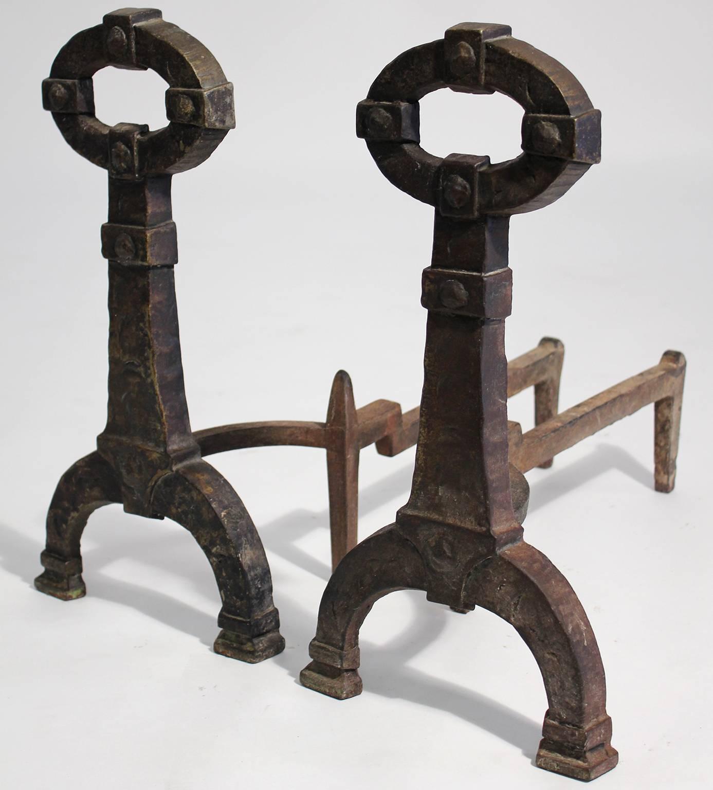 Wonderful original patina on these antique Mission, Arts and Crafts arched foot andirons.