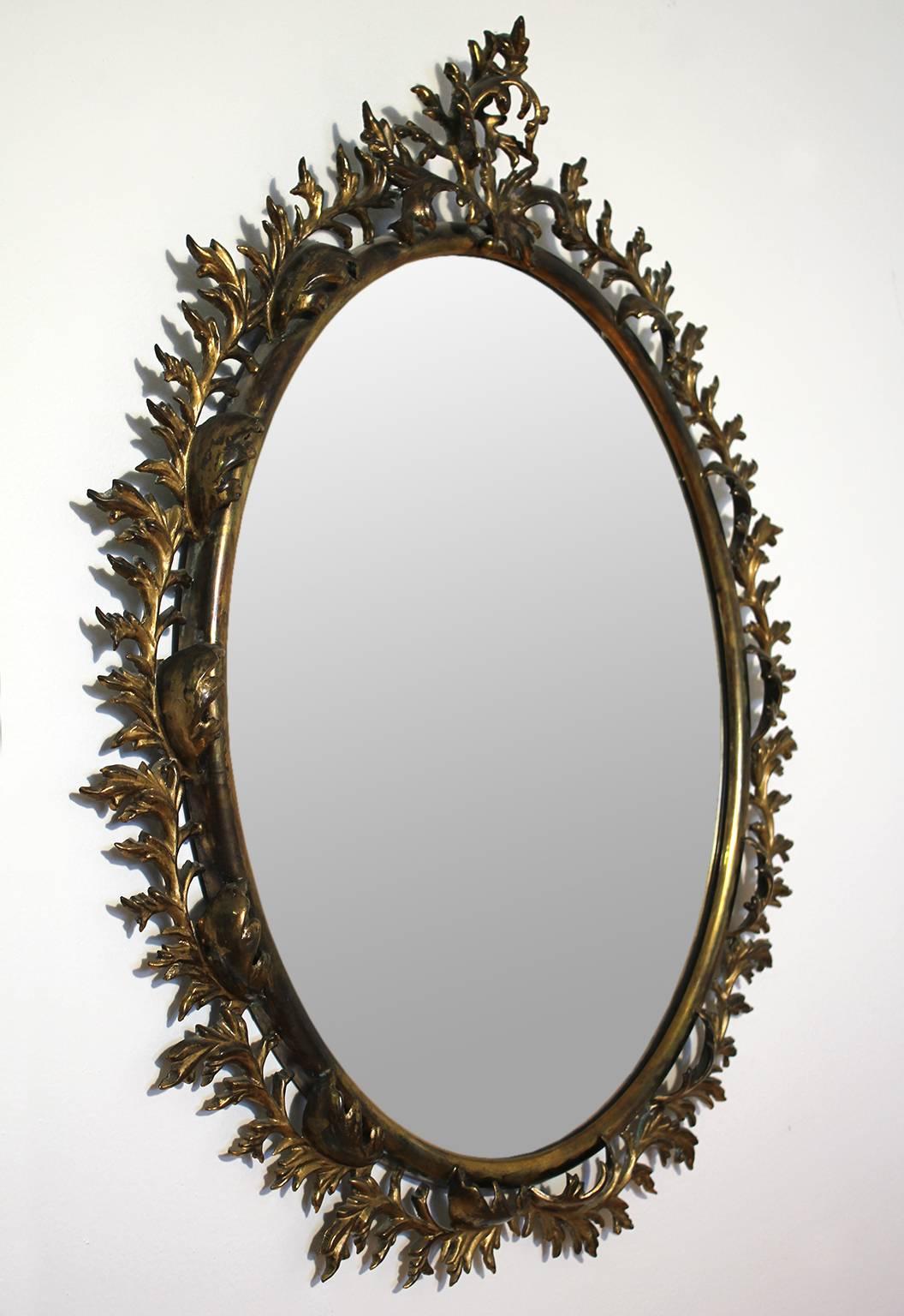 European Antique French Bronze Baroque Wreath Oval Mirror