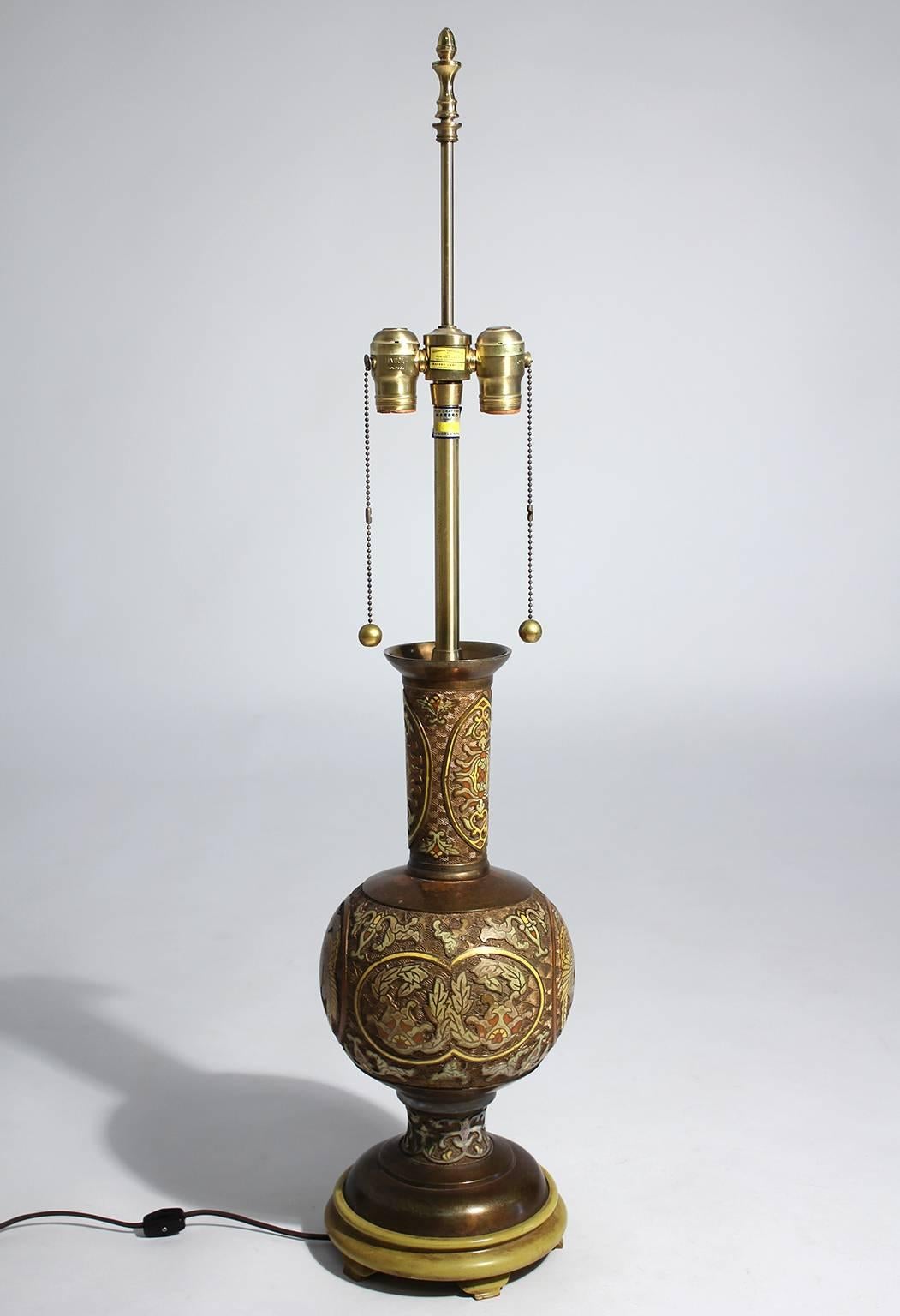 Chinese bronze with cloisonne enamel table lamp with wonderful patina by The Marbro Lamp Company, Los Angeles.