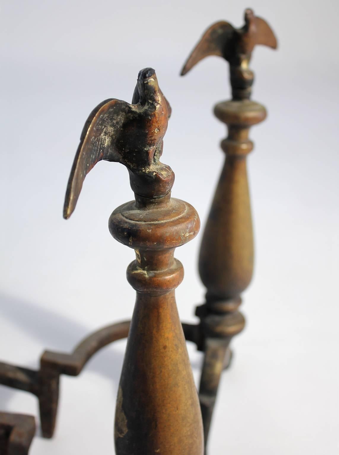 20th Century Antique American Eagle Cast Brass Andirons