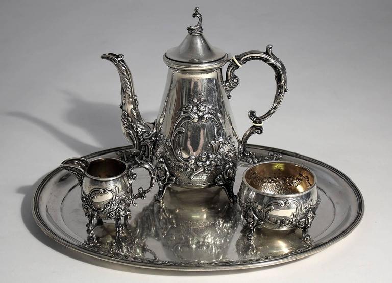 Stunning antique baroque 800 Silver tea set and tray by H. Meyen & Co. of Berlin. Very high quality with a beautiful design. Total weight is 72.68 troy ounces of 800 silver. In excellent condition. Marked with the makers hallmarks. Dates from the