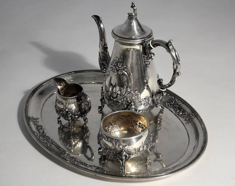 German Antique Baroque H. Meyen & Co. of Berlin 800 Silver Tea Set with Tray For Sale