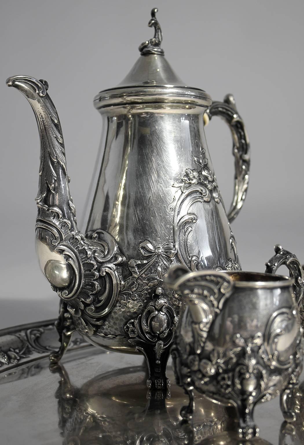 German Antique Baroque H. Meyen & Co. of Berlin 800 Silver Tea Set with Tray For Sale