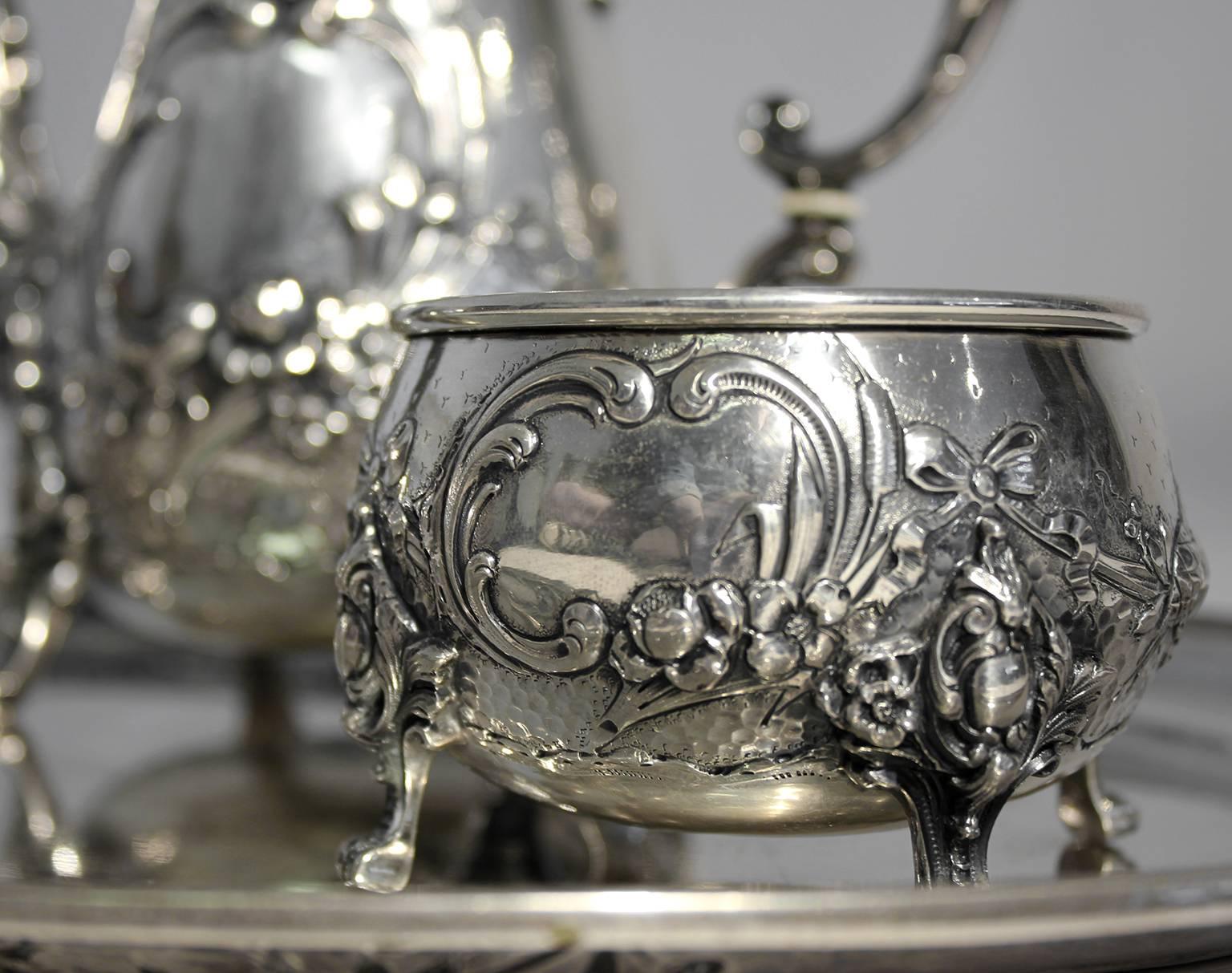 19th Century Antique Baroque H. Meyen & Co. of Berlin 800 Silver Tea Set with Tray For Sale