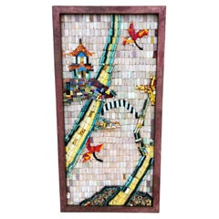 1960's Asian Pagoda Scene Mosaic Glass Plaque Wall Hanging Art Sculpture