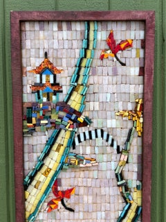 1960's Asian Pagoda Scene Mosaic Glass Plaque Wall Hanging Art Sculpture