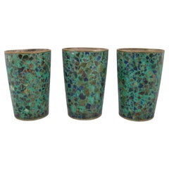 3 Vintage Handcrafted Mexico Silverplate Turquoise & Malachite Cups Pepe Mendoza