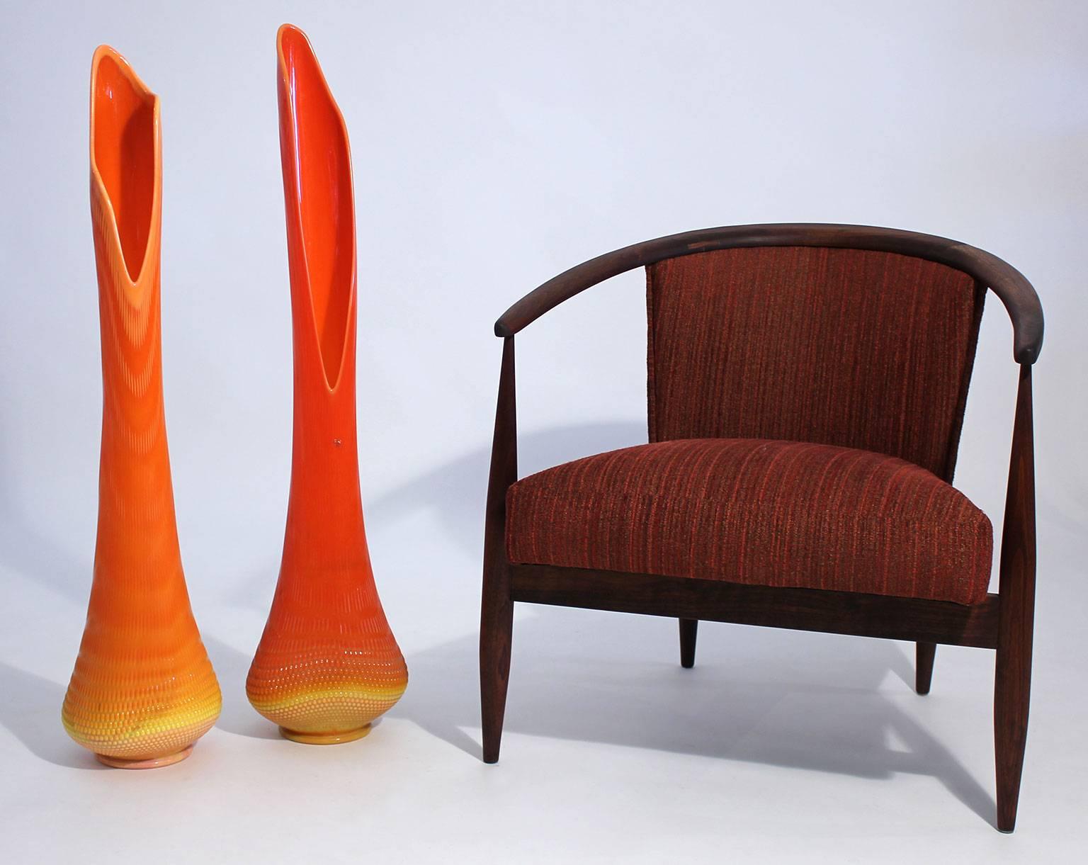 Massive store window display Viking Glass floor vases. This pair were used in window displays during the 1960s. Handblown and great orange and yellow color. In excellent condition with no damage. 
These vases measure: 38