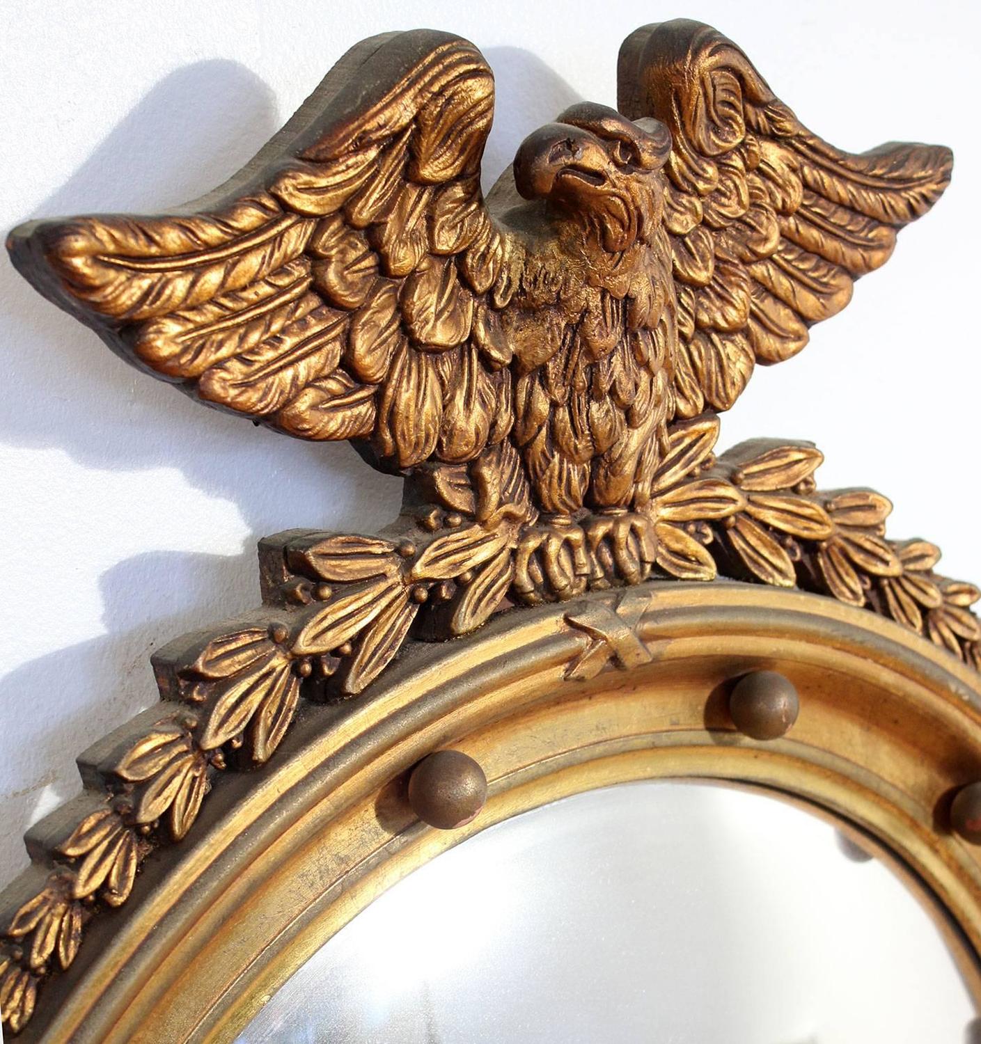 Antique Federal Eagle Gold Giltwood Frame with Convex Mirror For Sale