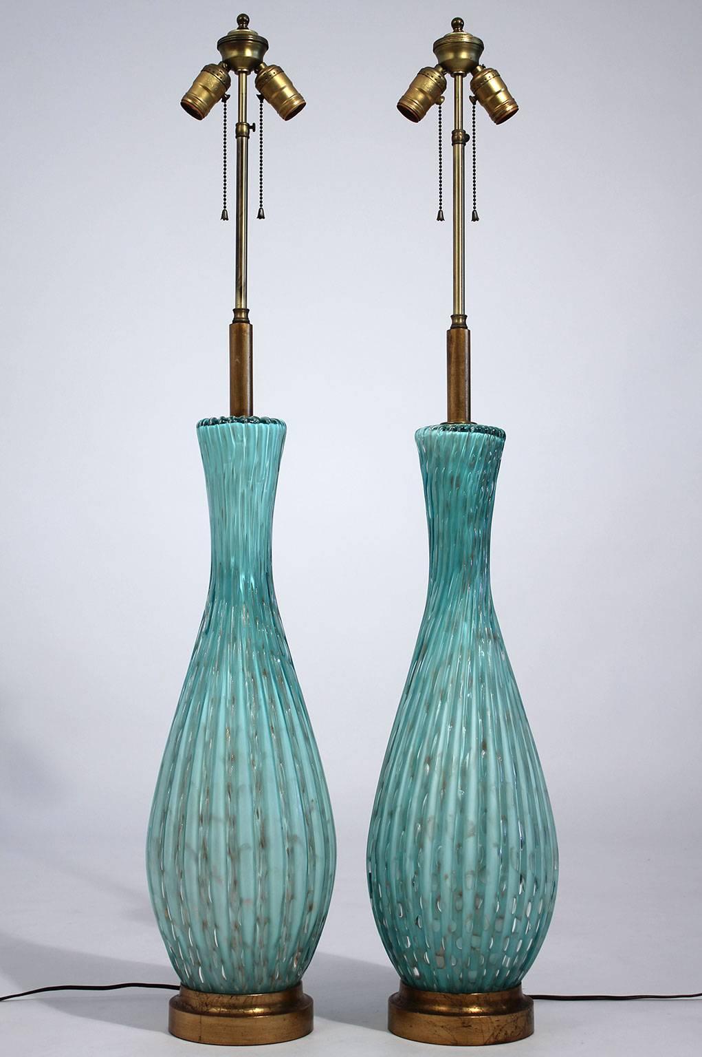 Italian Murano Bullicante Pair of Lamps with Original Shades Alfredo Barbini