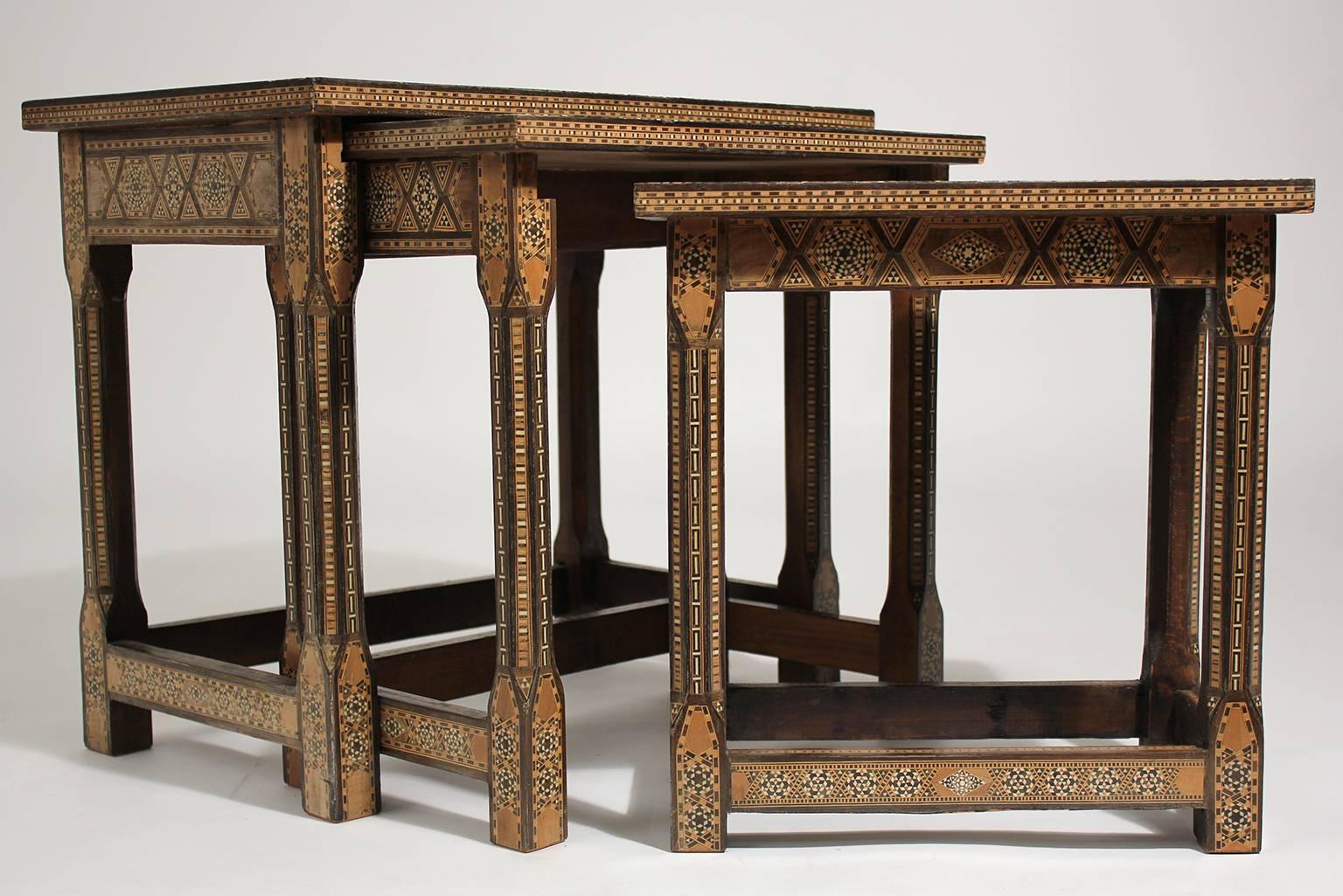 Antique Moorish Marquetry Inlay Nesting Tables In Good Condition In San Diego, CA