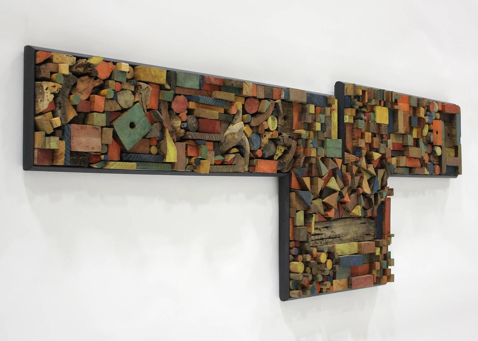 Great handcrafted artisan wood wall abstract sculpture/construction. This is a one of a kind wall hanging and is signed by the artist. Dated 1973. Each piece is hand cut and painted to form the awesome design. Measures: 85