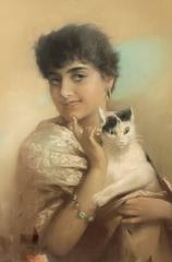 Antique Austrian Artist Heinrich Hans Schlimarski Lady with Cat Painting