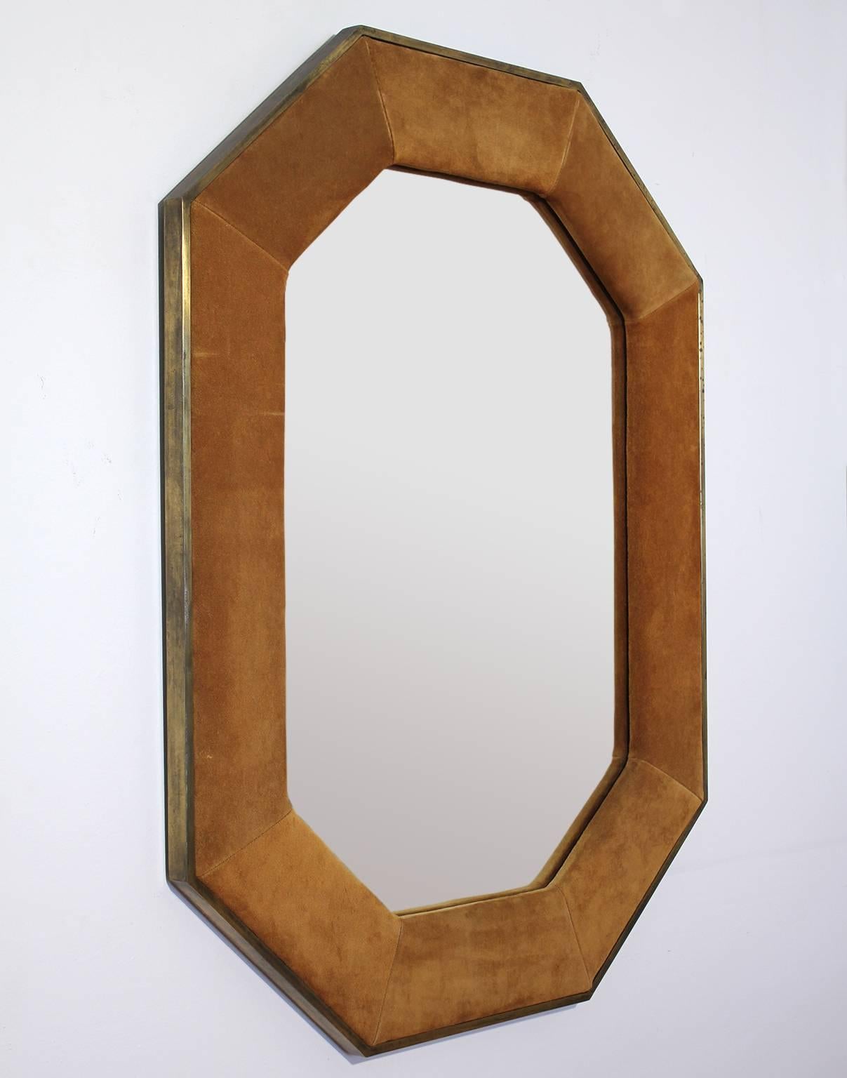 Mid-Century Modern Widdicomb Leather and Brass Octagonal Mirror