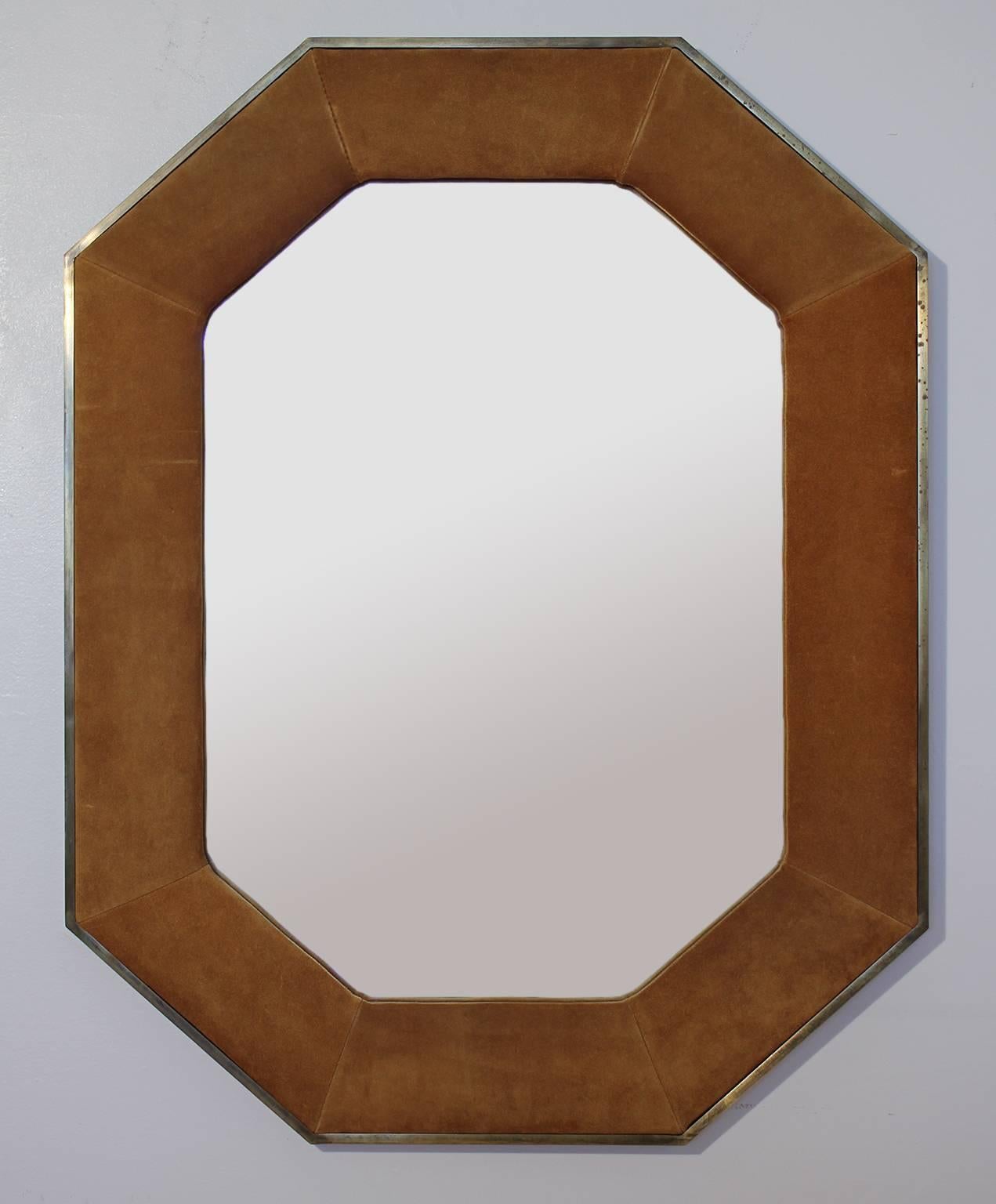 American Widdicomb Leather and Brass Octagonal Mirror
