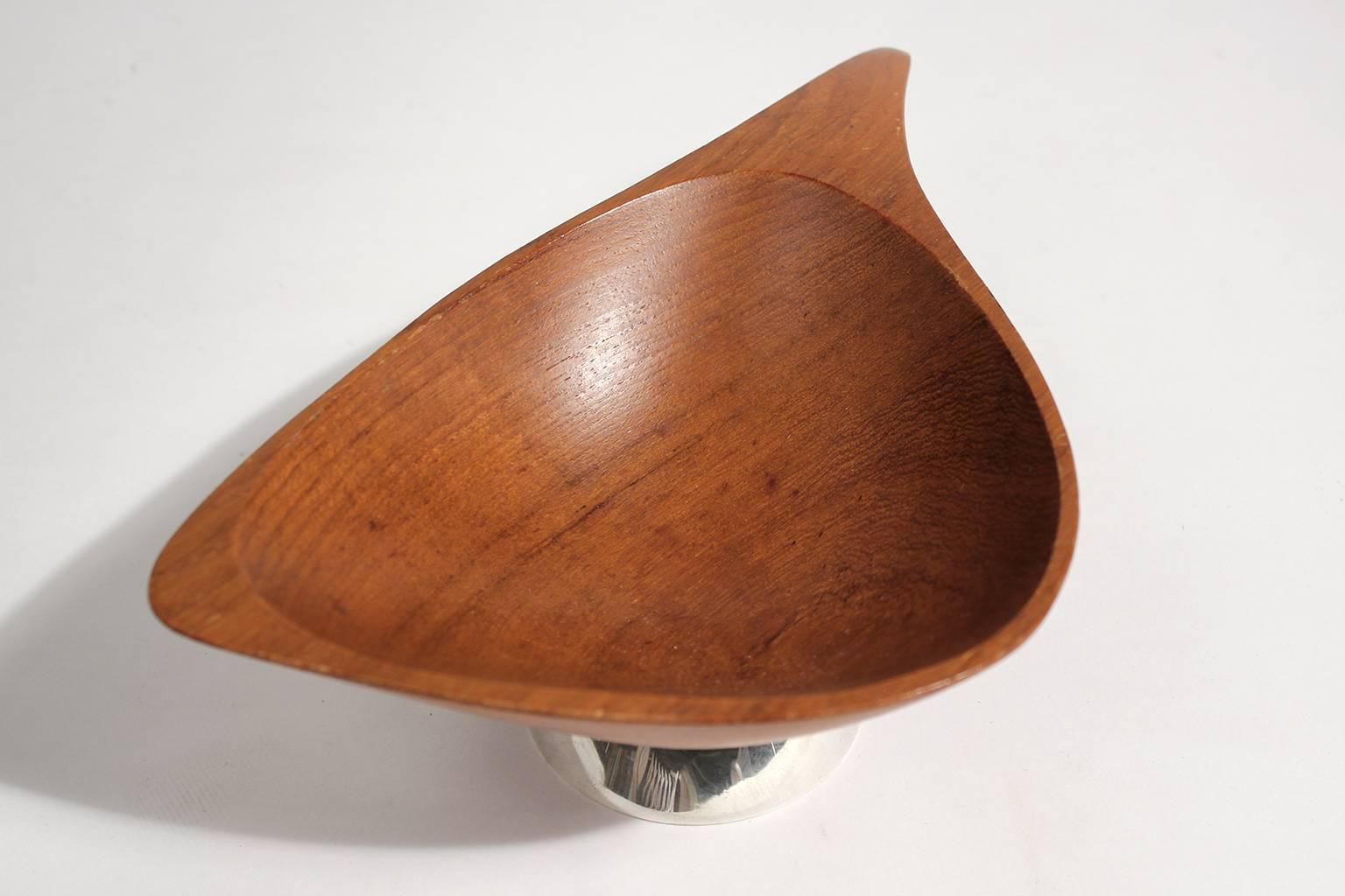 Mid-20th Century Emil Milan Hand Carved Sculptural Teak Wood Bowl with Sterling Silver Base