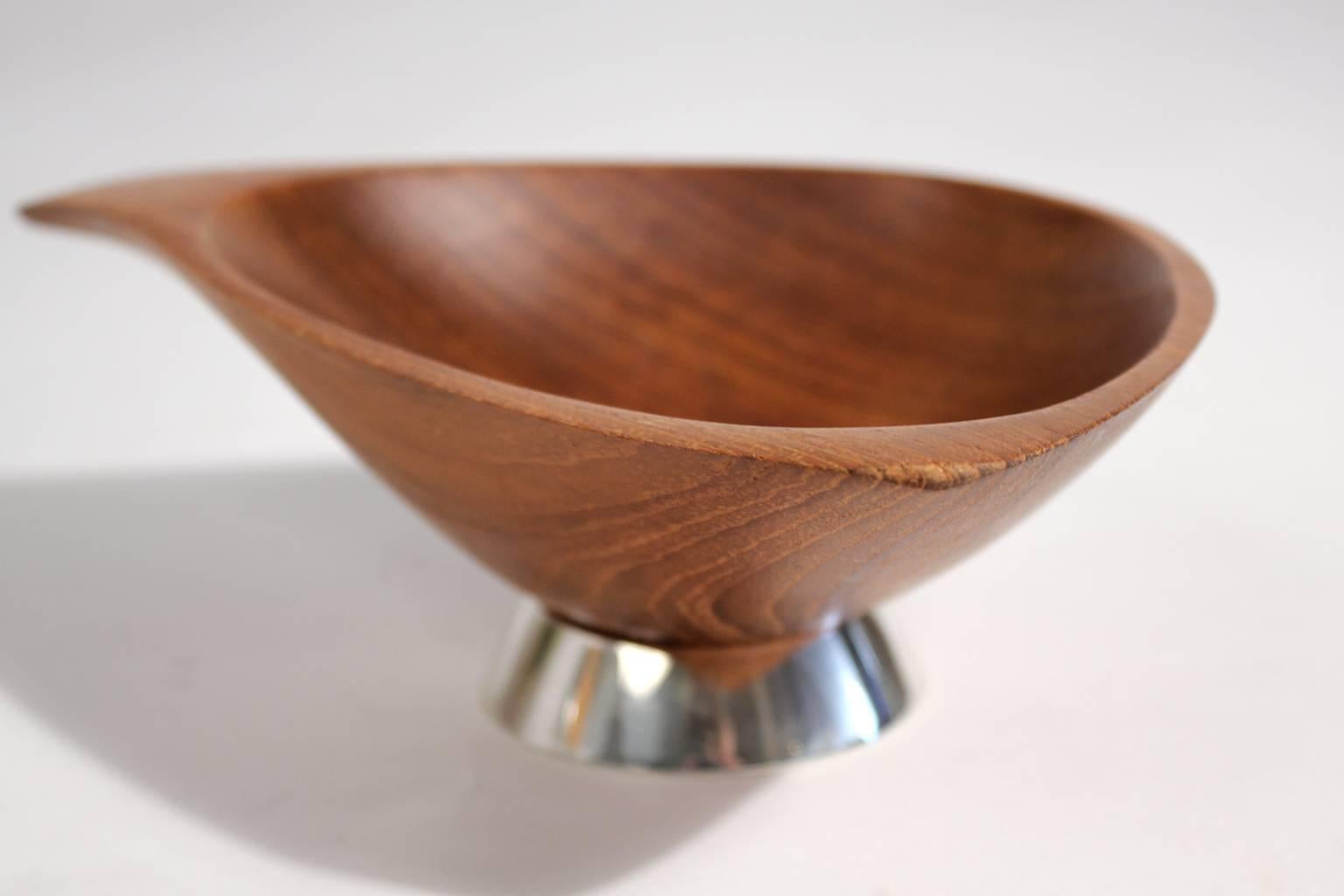 Mid-20th Century Emil Milan Hand Carved Sculptural Teak Wood Bowl with Sterling Silver Base