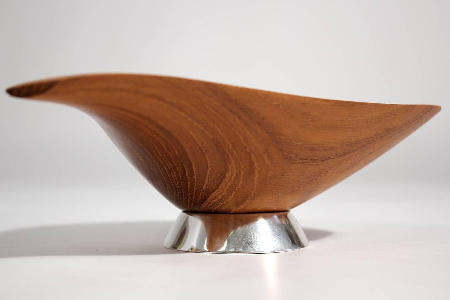 Emil Milan Hand Carved Sculptural Teak Wood Bowl with Sterling Silver Base 2