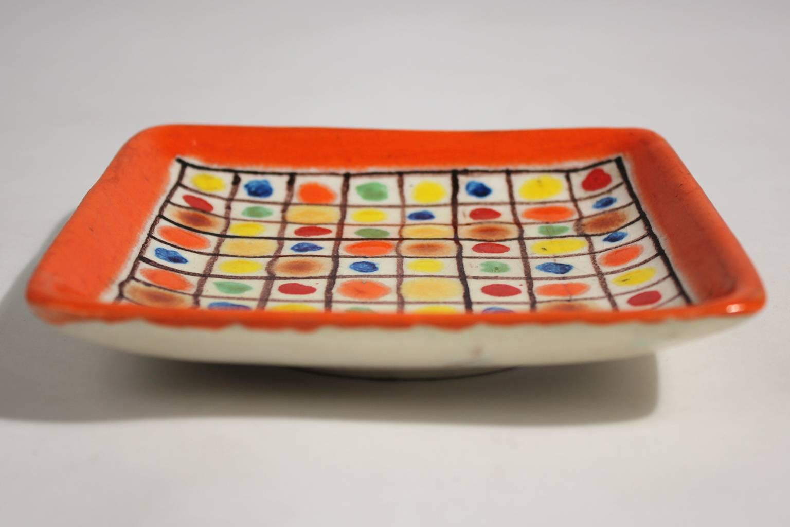 Guido Gambone Ceramic Italian Modernist Abstract Polychrome Pottery Tray Plate In Excellent Condition In San Diego, CA