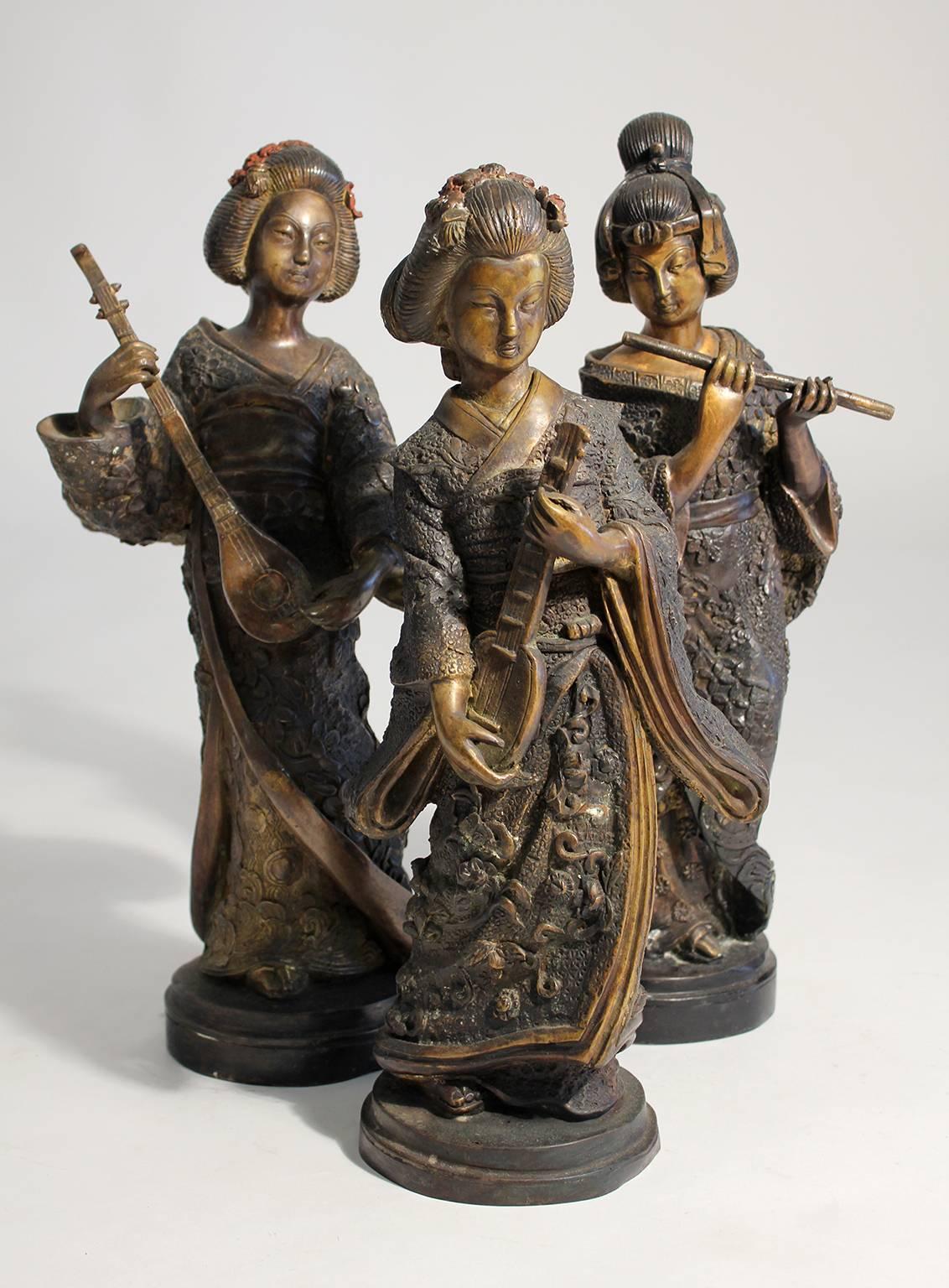 Beautiful set of three Japanese cast bronze and cold paint art sculptures. Great detail and wonderful patina. In excellent shape and display well. 
#1 measures 18.5